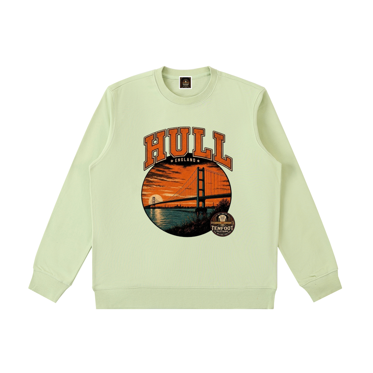 Heavyweight crewneck sweatshirt in light green with circular Hull bridge graphic on chest