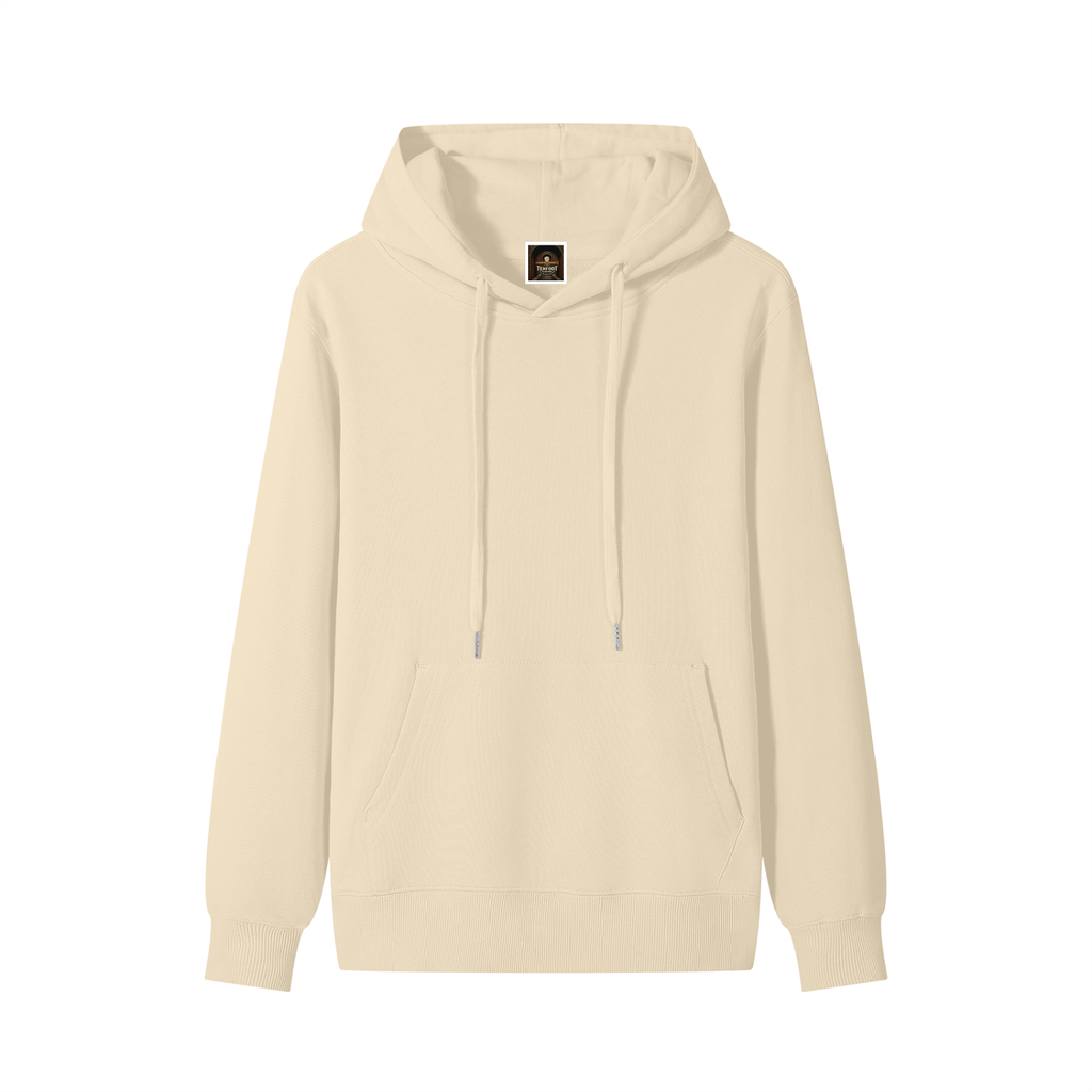 Unisex cotton hoodie, cream, front view with drawstring hood and kangaroo pocket.