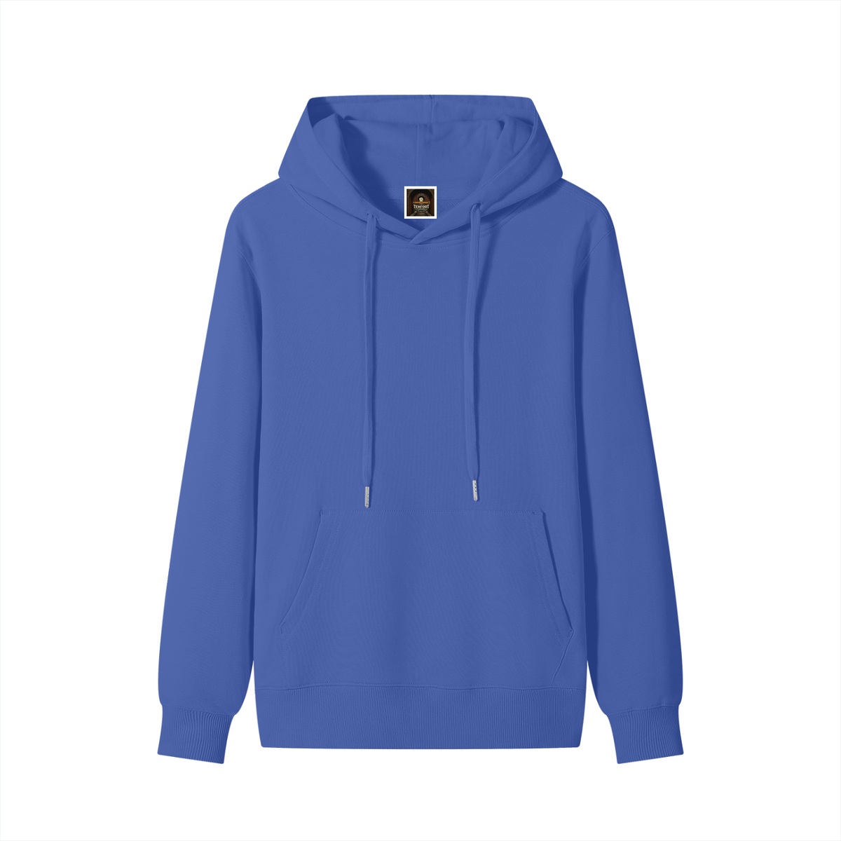 Unisex cotton hoodie in blue, front view with drawstring hood and kangaroo pocket