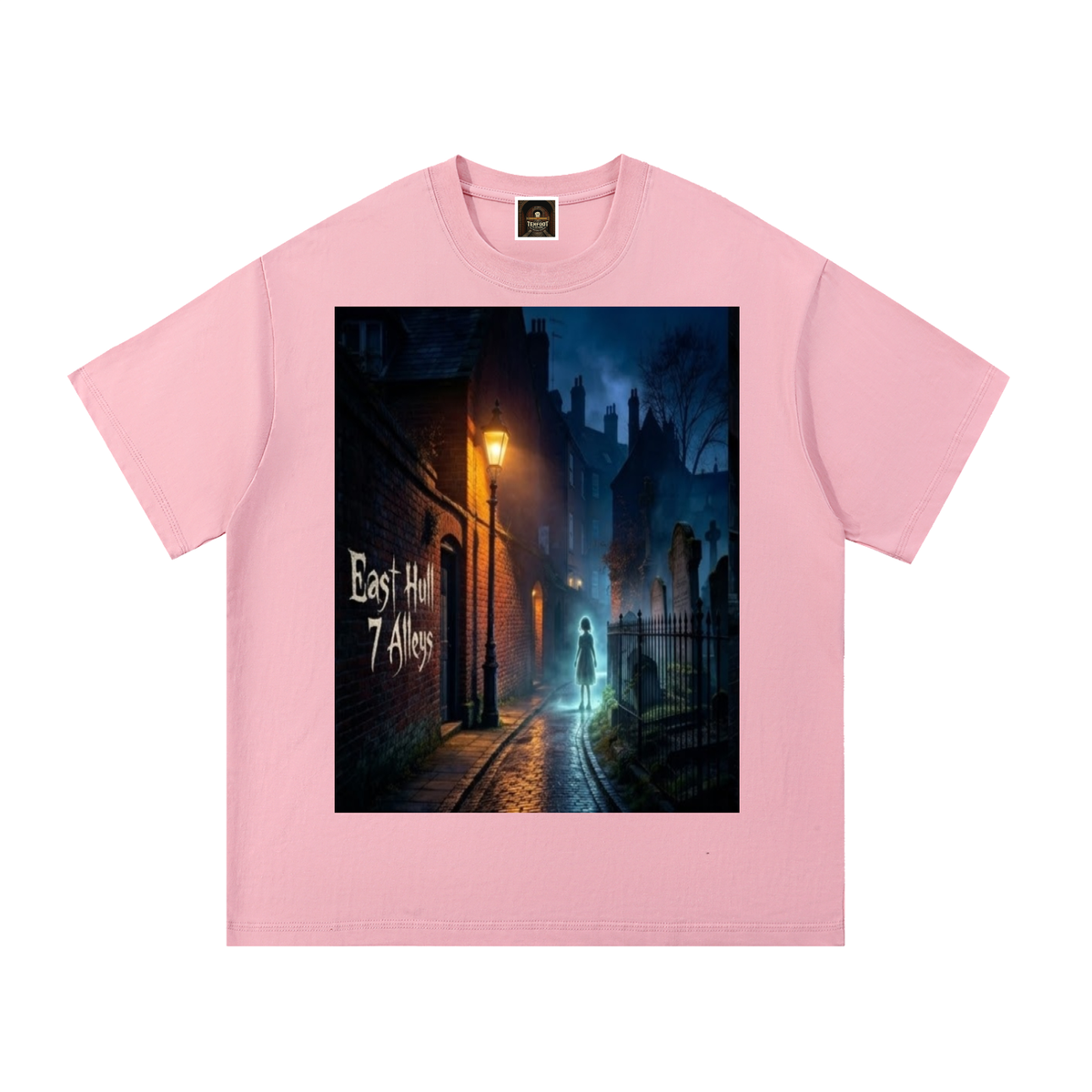 Pink cotton T-shirt with crew neck, short sleeves, and front graphic print
