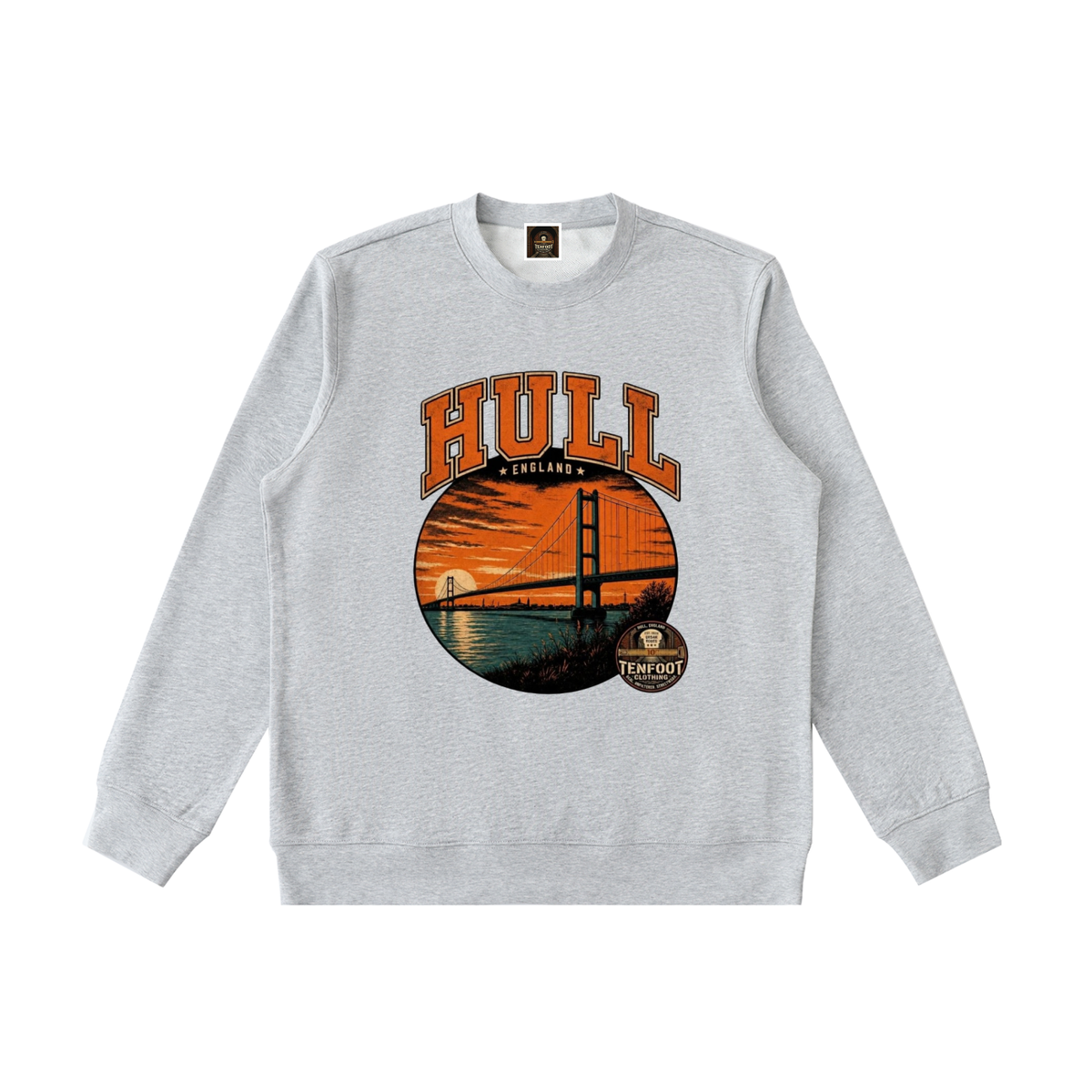 Heavyweight crewneck sweatshirt in heather gray with circular Hull bridge graphic on chest