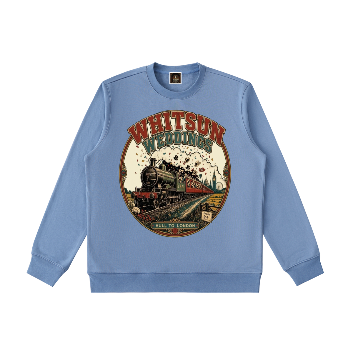 Sky blue heavyweight crewneck sweatshirt with large vintage train graphic on front