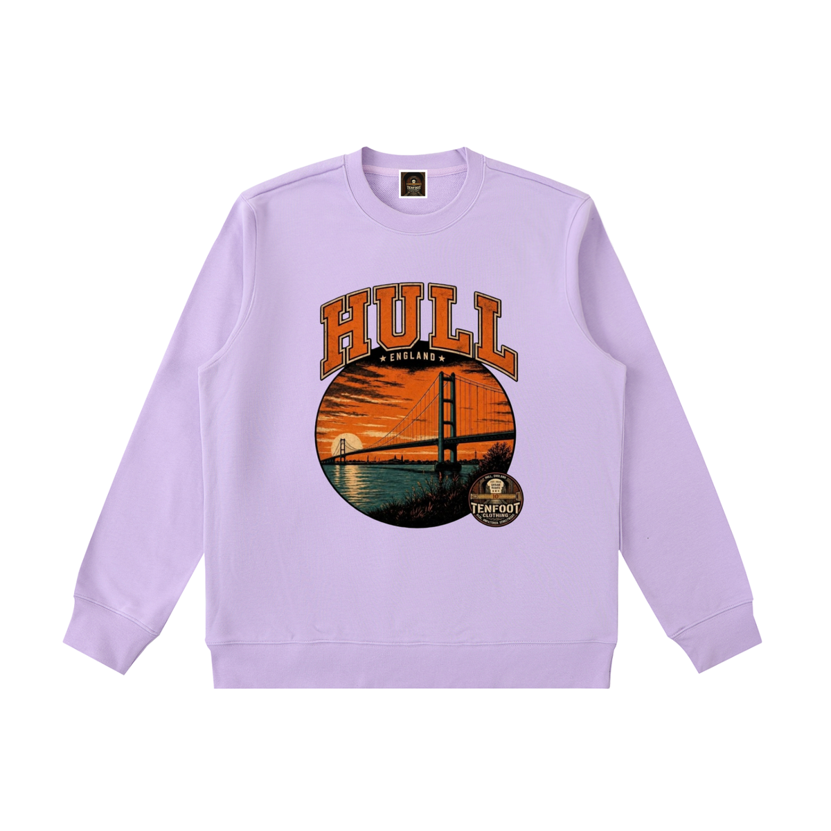 Light purple heavyweight crewneck sweatshirt with HULL graphic on front