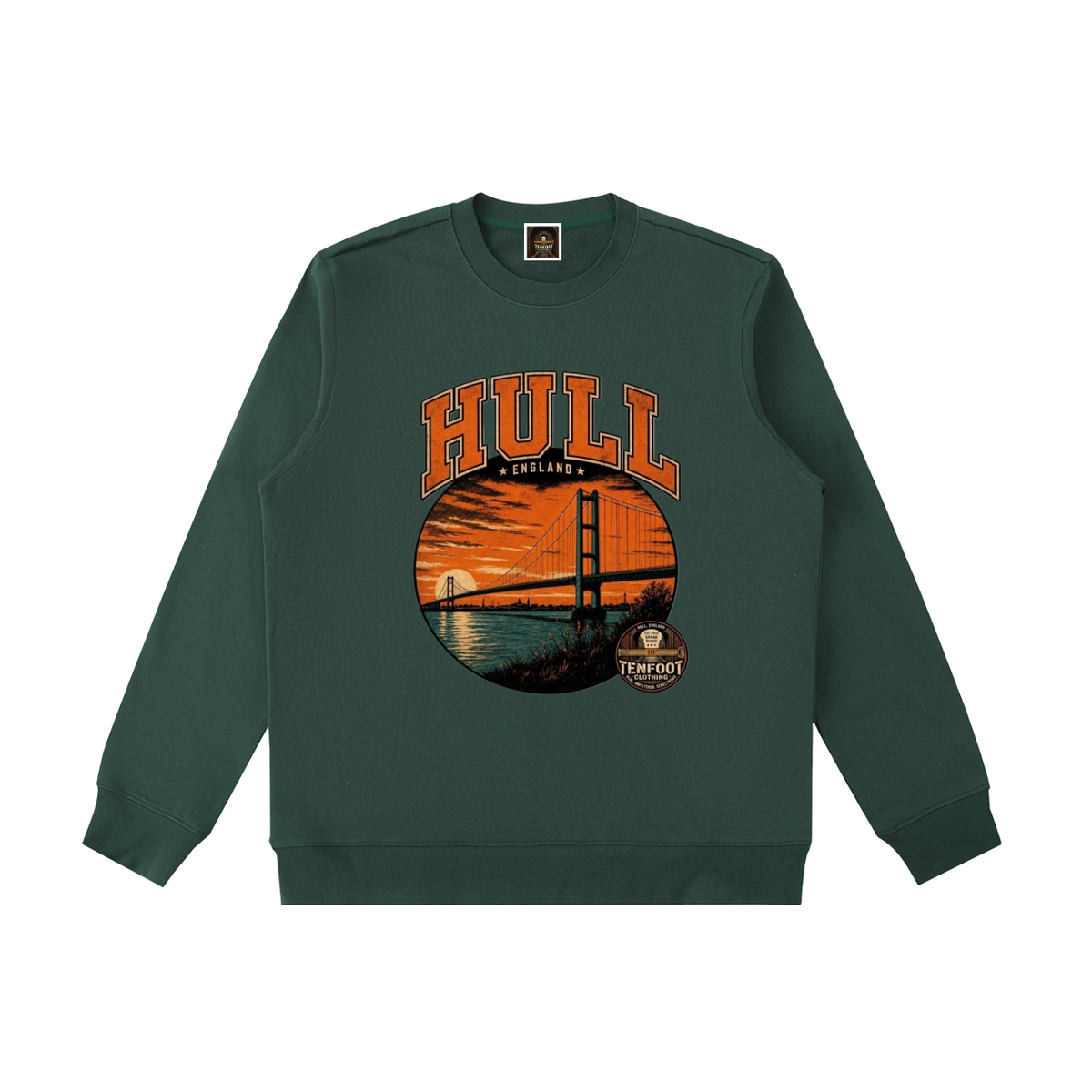 Dark green heavyweight crewneck sweatshirt with HULL graphic and circular bridge print