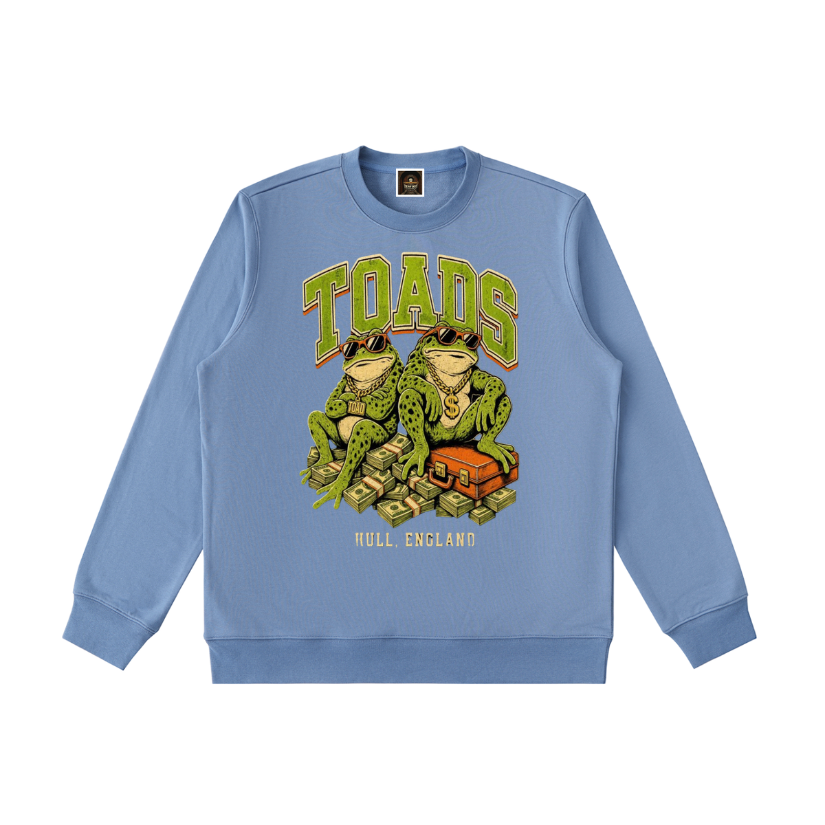 Light blue heavyweight crewneck sweatshirt with colorful TOADS graphic on front