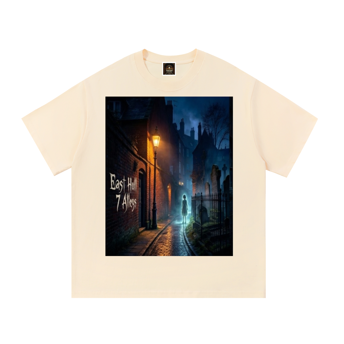 Light beige cotton T-shirt with crew neck, short sleeves, and front graphic print