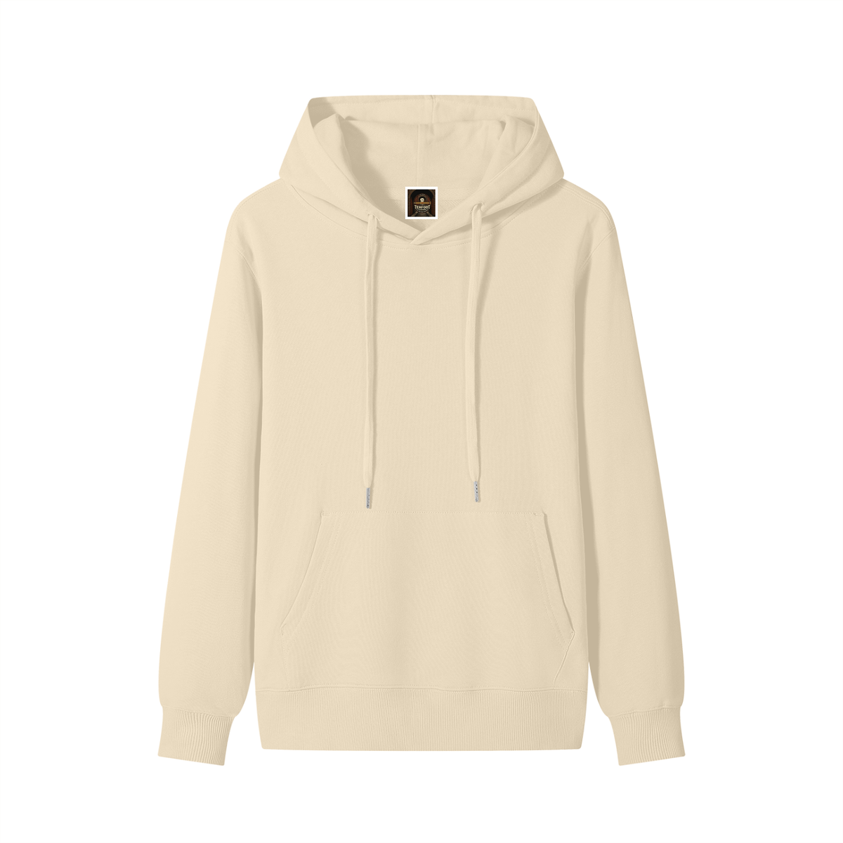 Unisex cotton hoodie in khaki/cream, front view with drawstring hood and pouch pocket