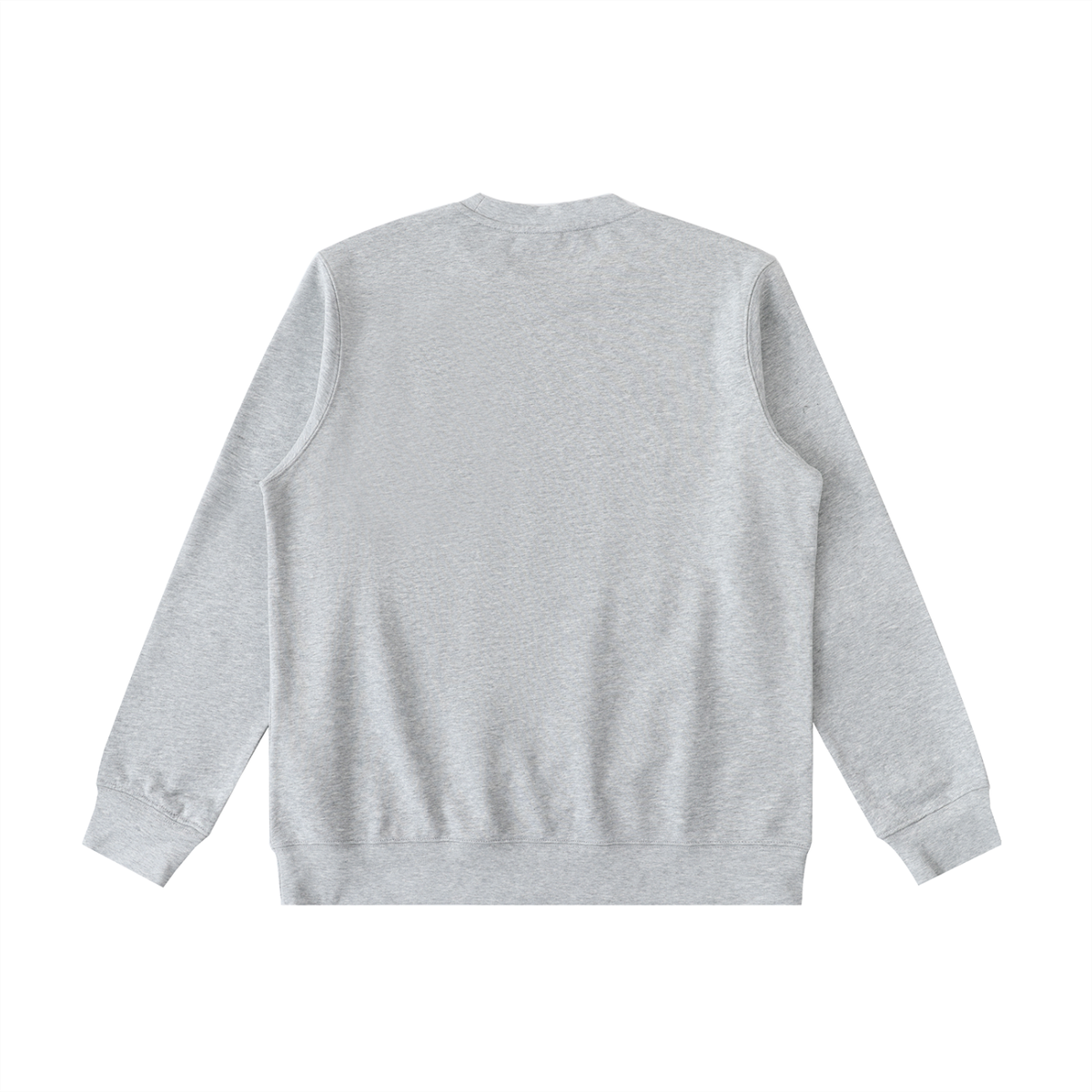 Light gray heavyweight crewneck sweatshirt, plain back view with ribbed cuffs and hem