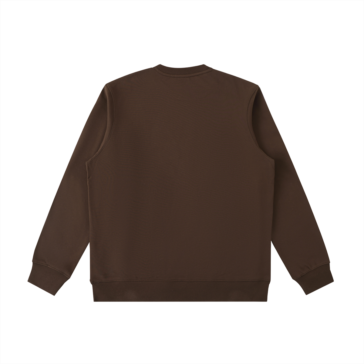 Coffee brown heavyweight crewneck sweatshirt, back view, plain with ribbed cuffs and hem