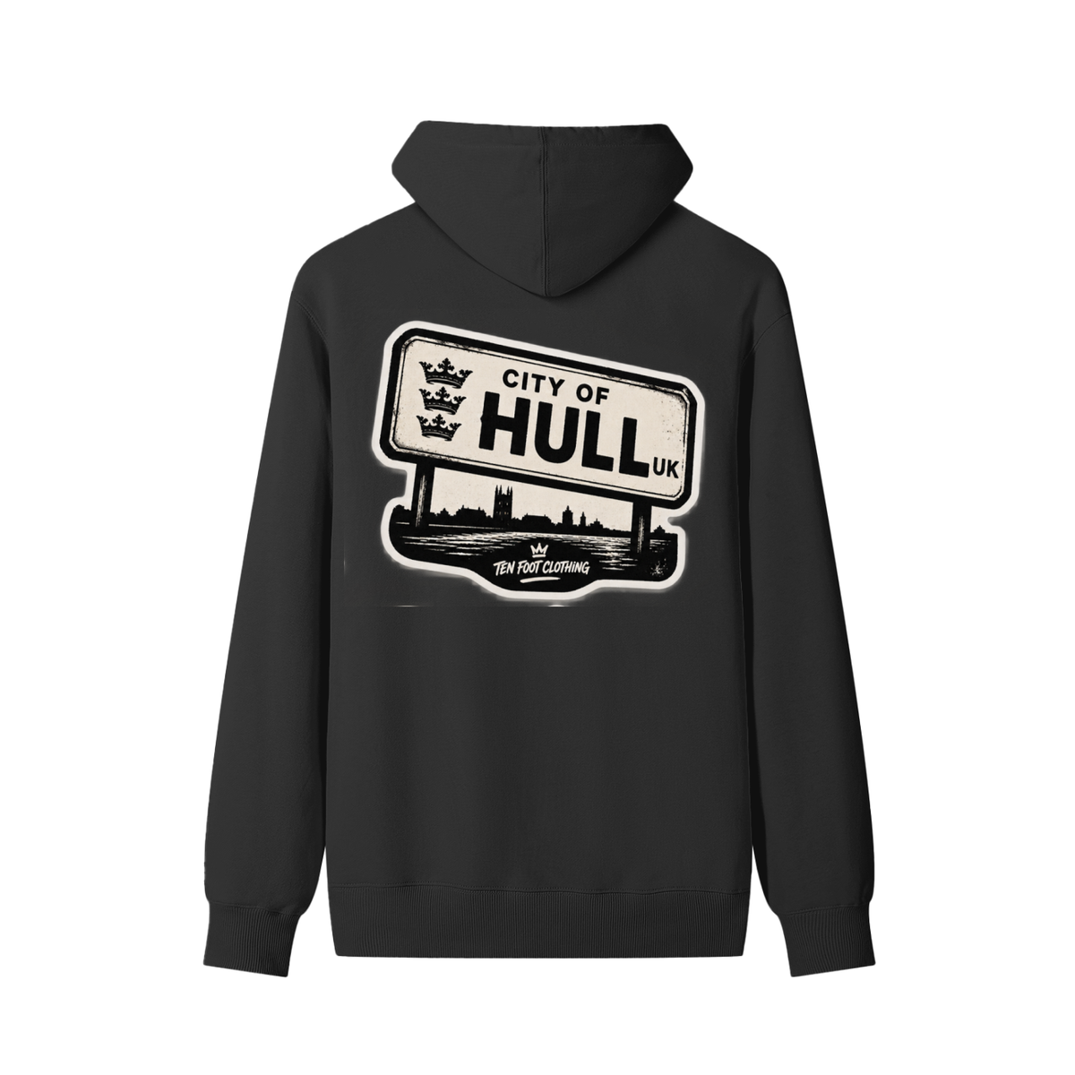 Black unisex cotton hoodie, back road sign graphic reading "CITY OF HULL"