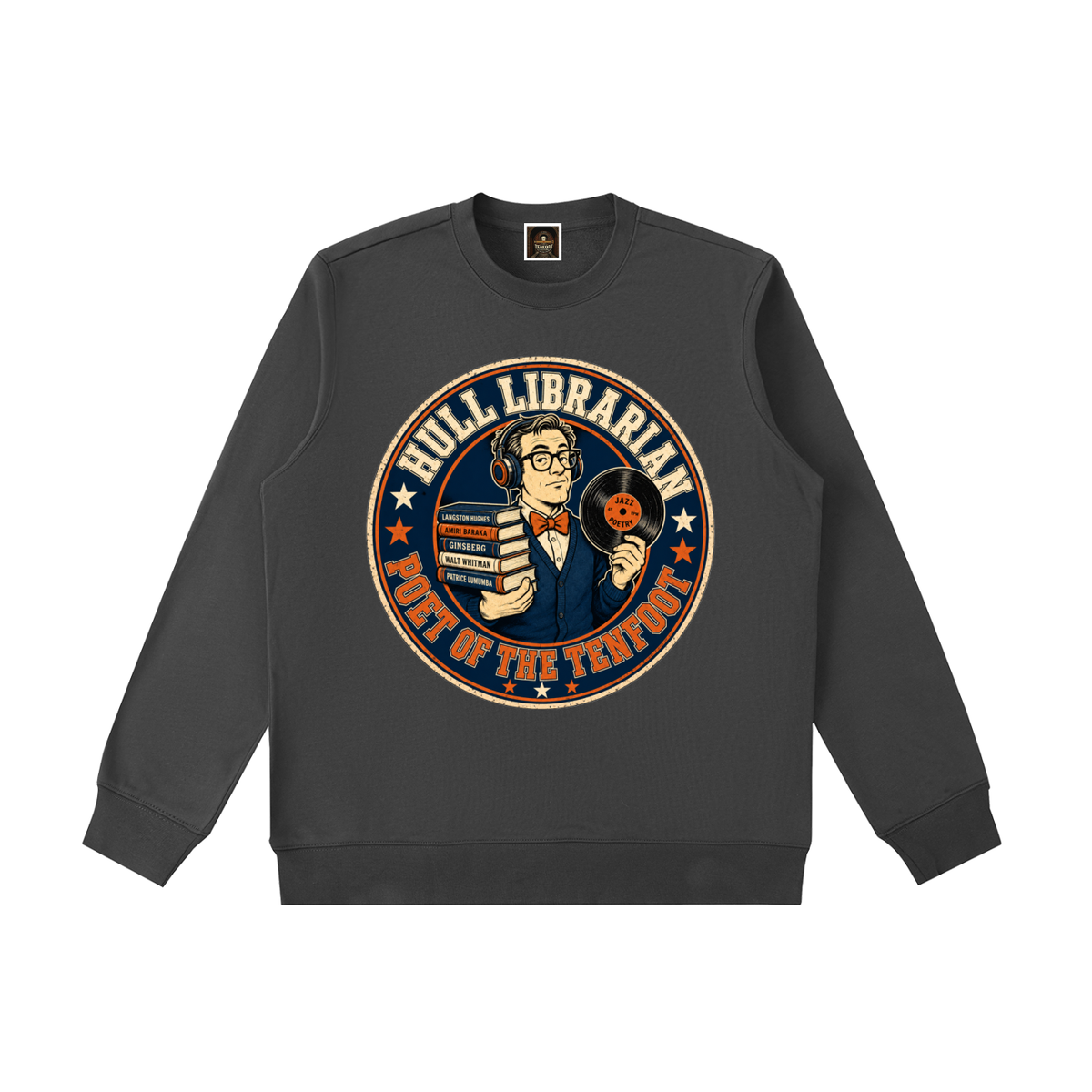 Dark gray heavyweight crewneck sweatshirt with colorful round library logo graphic front