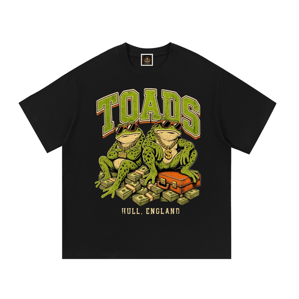 Black cotton T-shirt with colorful Toads graphic and text on front