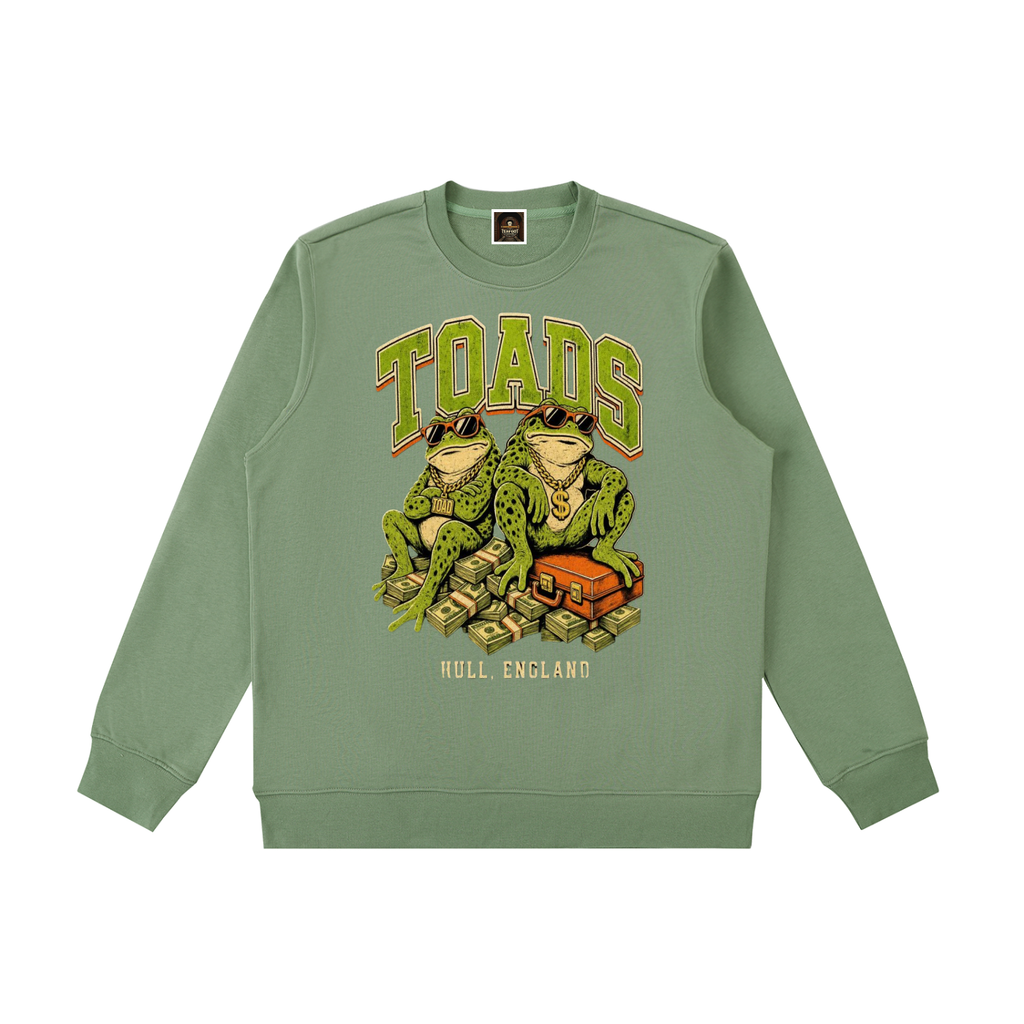 Olive green heavyweight crewneck sweatshirt with colorful TOADS graphic on front