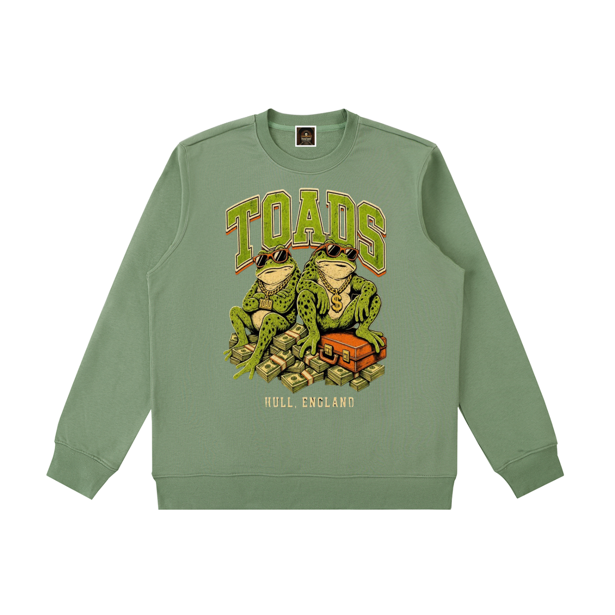 Olive green heavyweight crewneck sweatshirt with colorful TOADS graphic on front