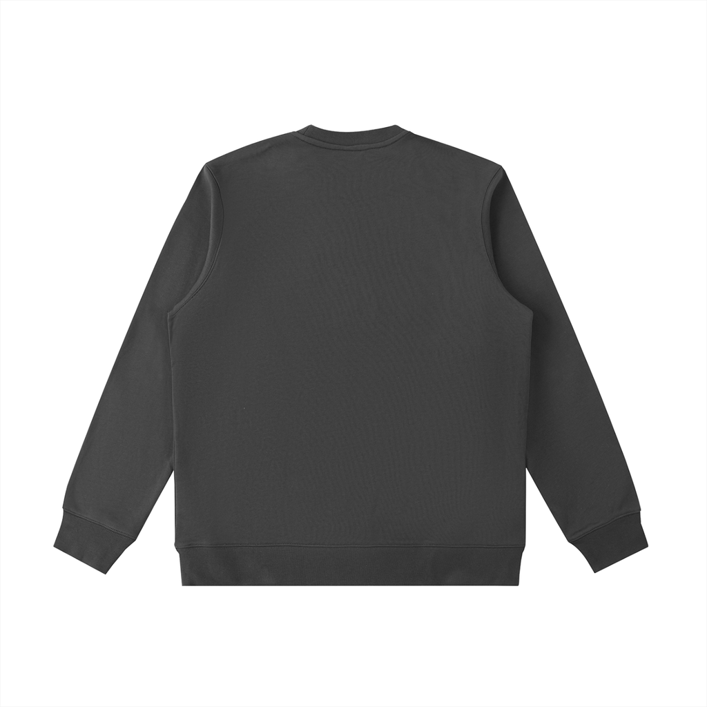 Dark gray heavyweight crewneck sweatshirt, back view, plain with ribbed cuffs and hem