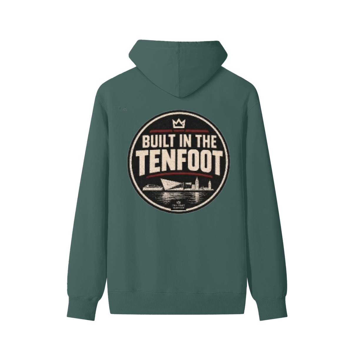 Olive green unisex cotton hoodie with large circular 'BUILT IN THE TENFOOT' logo