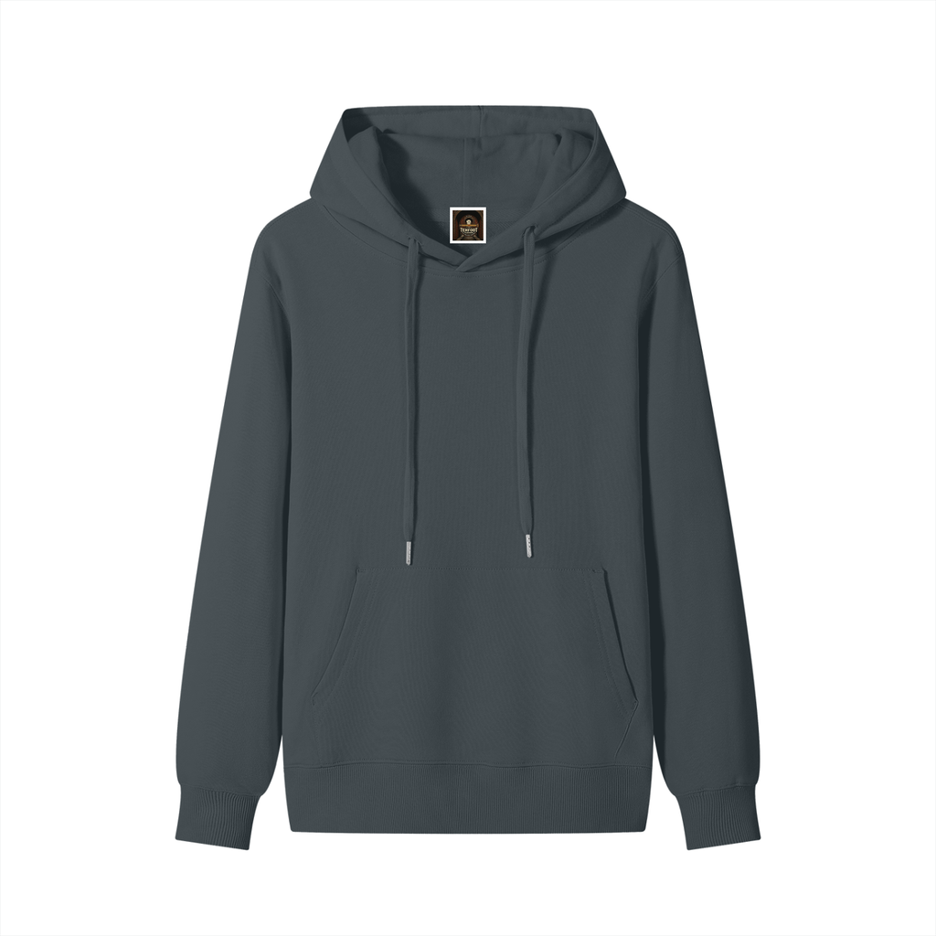 Unisex cotton hoodie in dark gray, front view with drawstring hood and kangaroo pocket