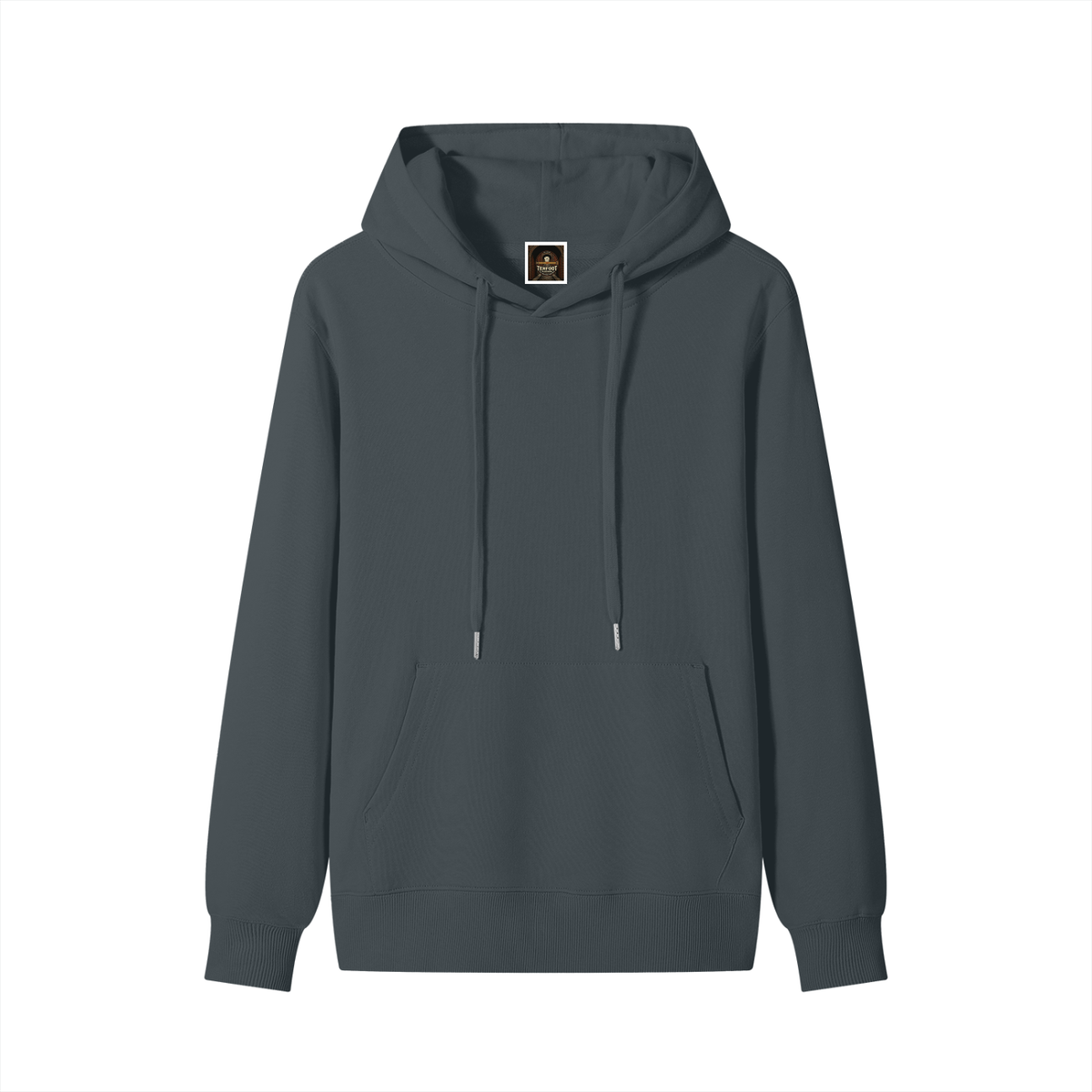 Unisex cotton hoodie in dark gray, front view with drawstring hood and kangaroo pocket