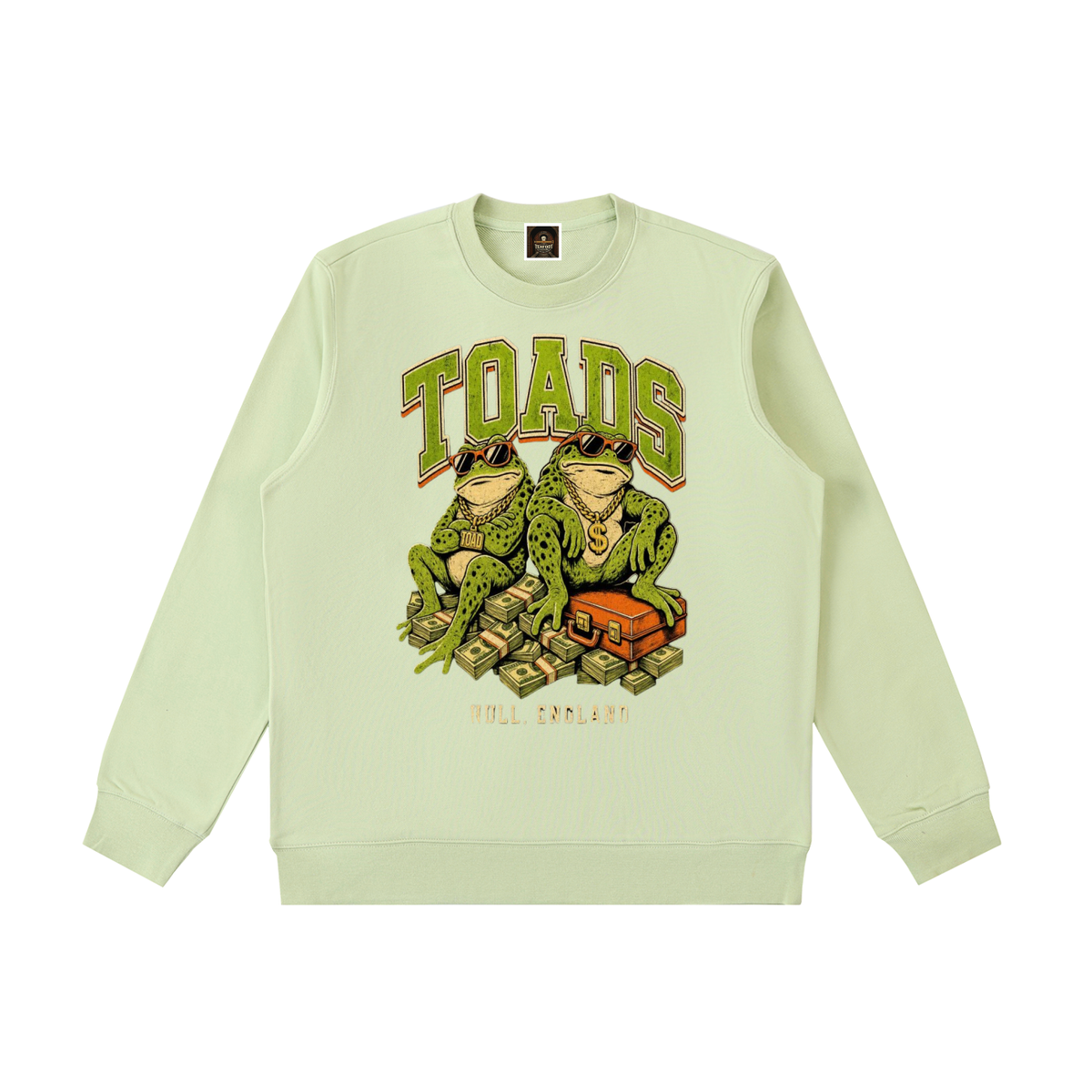 Light green heavyweight crewneck sweatshirt with colorful TOADS graphic and Full England text