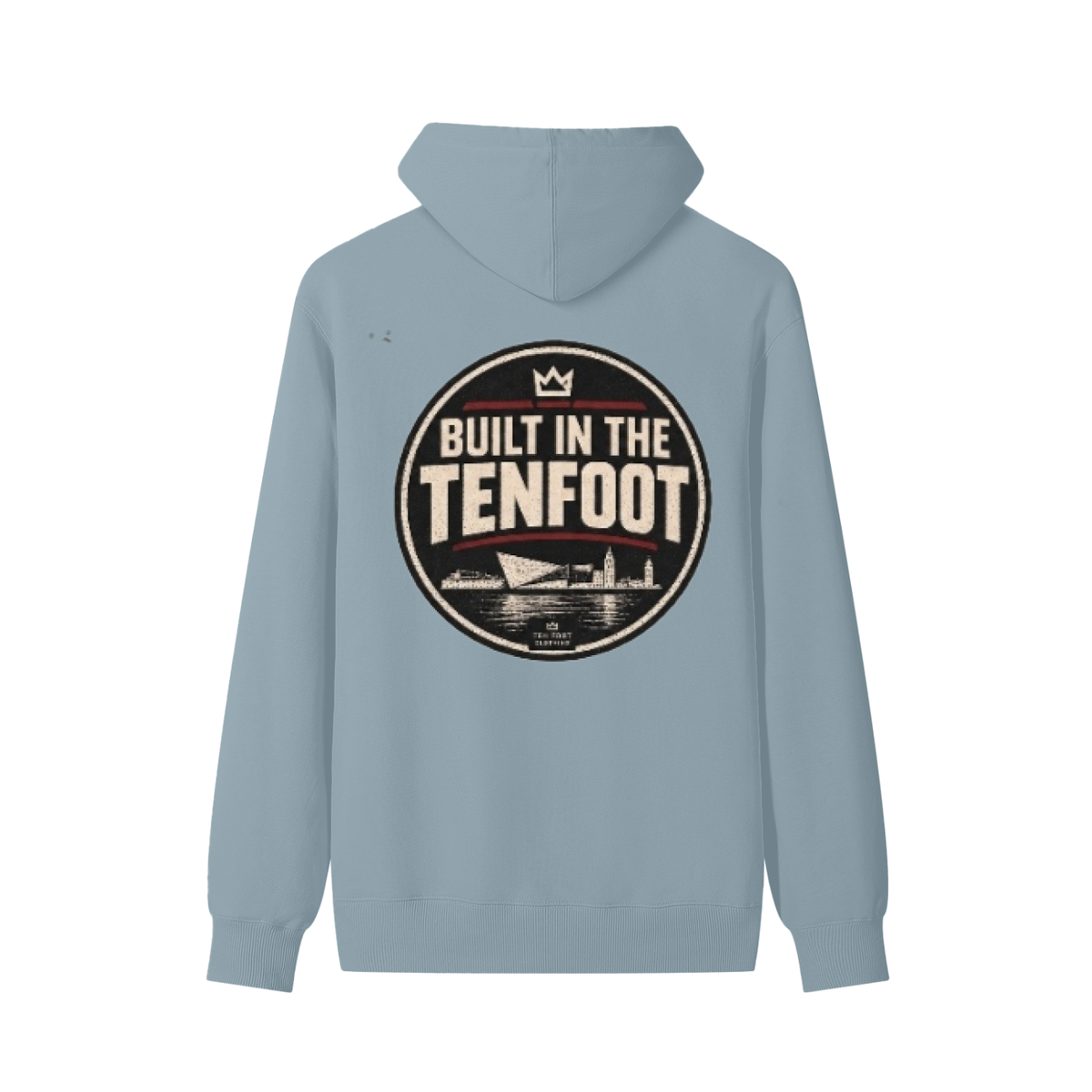 Unisex cotton hoodie, light blue, back view with large "BUILT IN THE TENFOUT" logo.