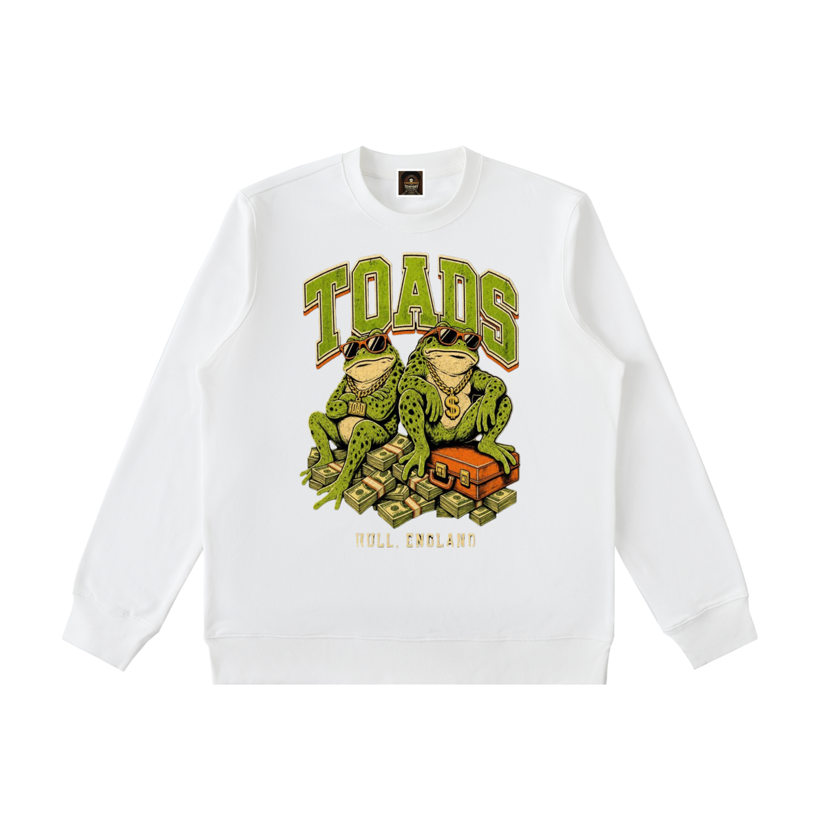 White heavyweight crewneck sweatshirt with colorful TOADS graphic and Full England text
