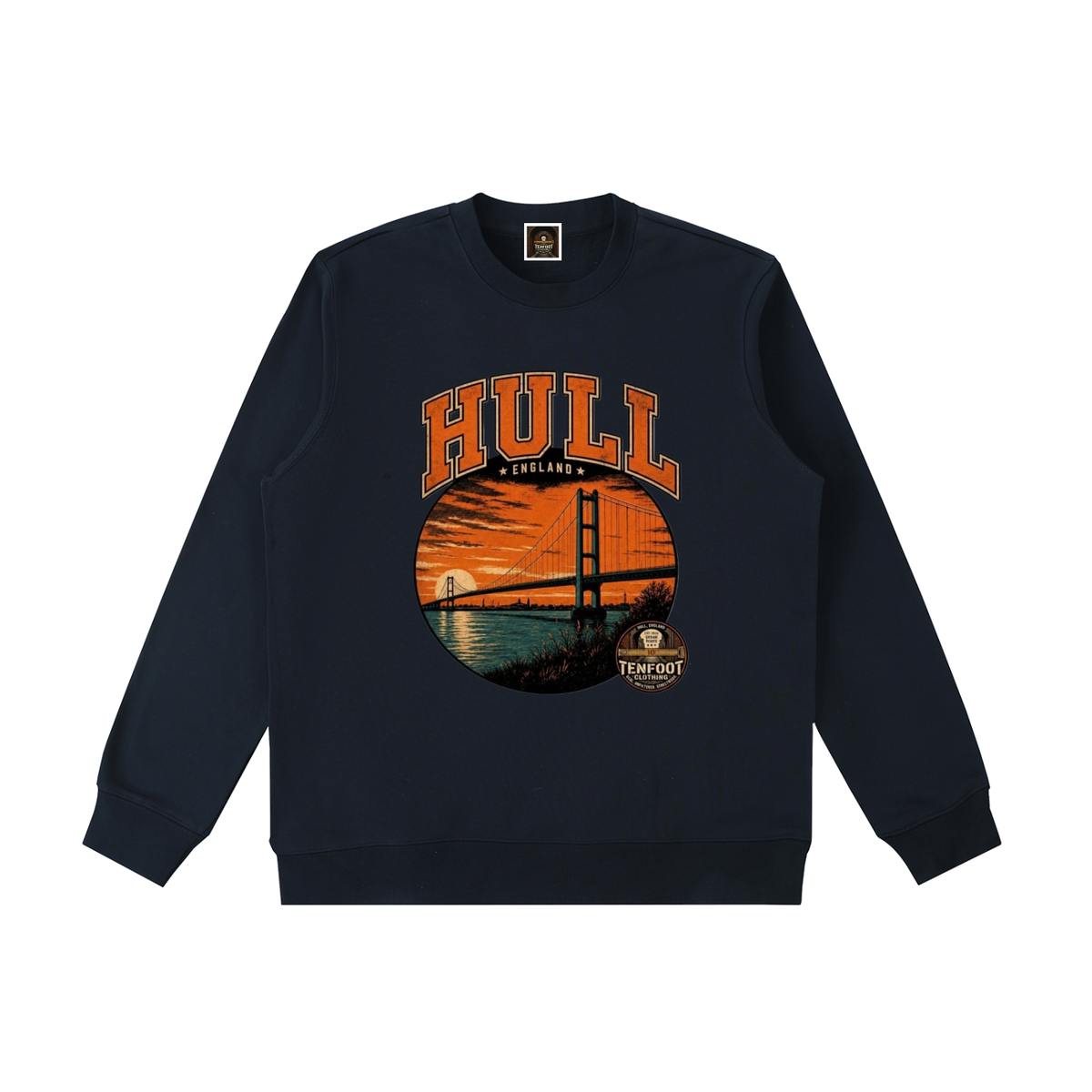 Dark navy heavyweight crewneck sweatshirt with HULL graphic and circular bridge print