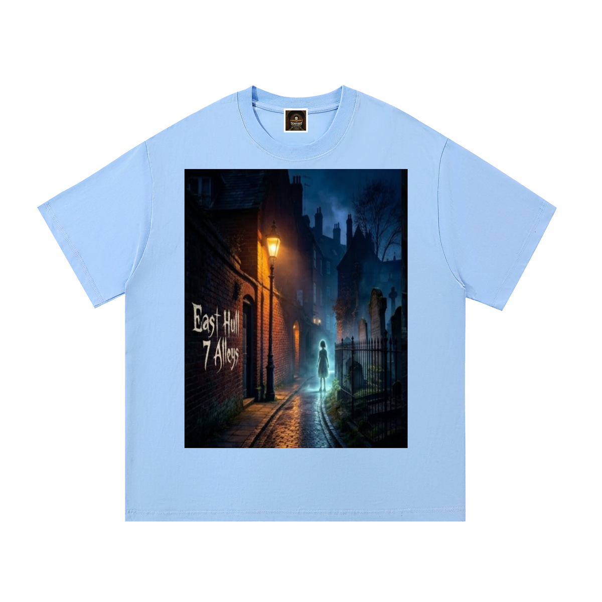 Light blue cotton crew-neck T-shirt with centered night city graphic print