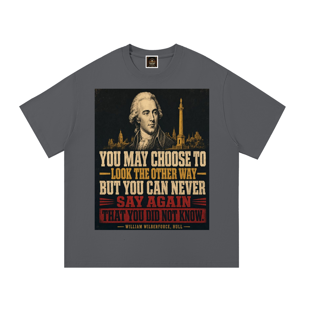 Dark gray cotton T-shirt with front graphic print featuring a portrait and text