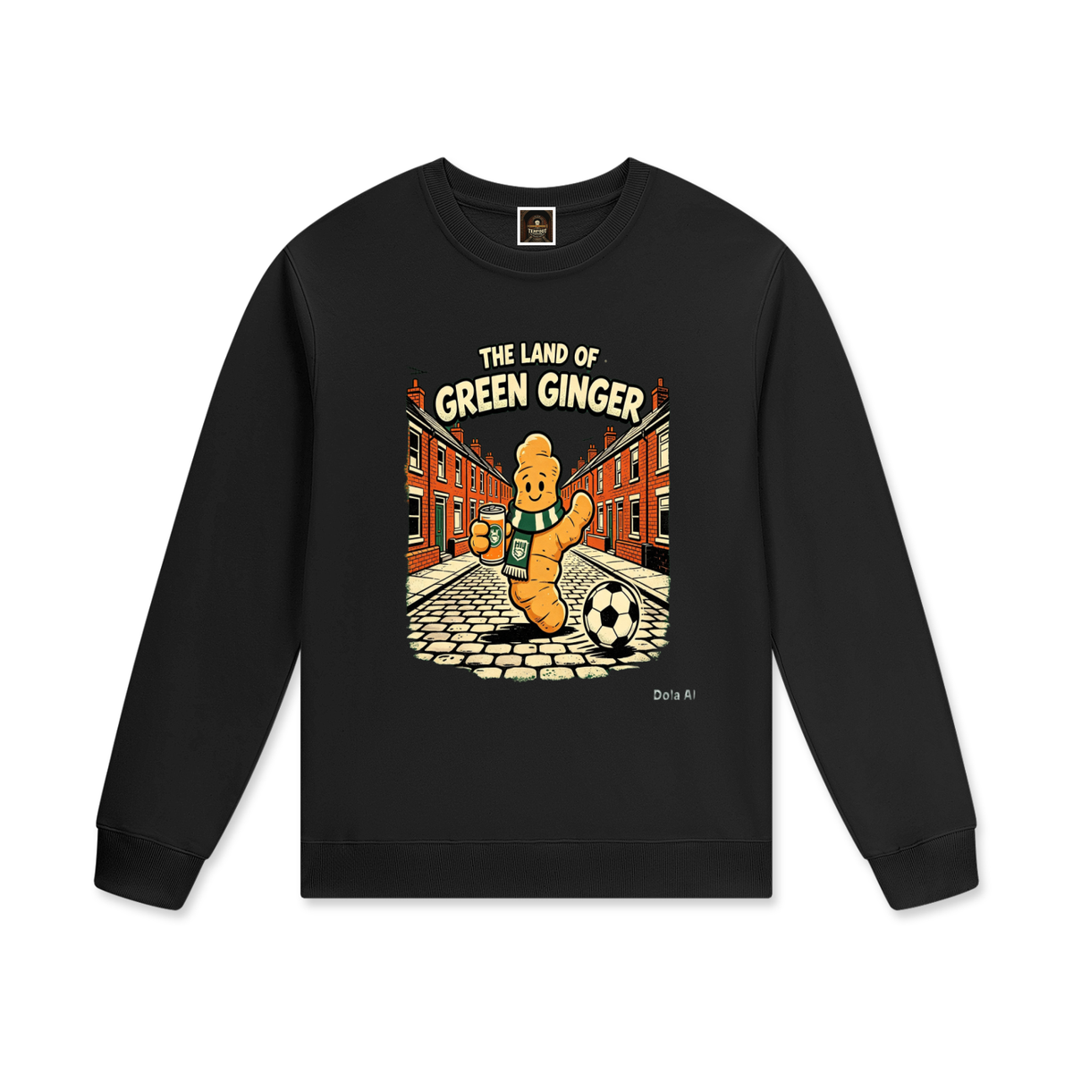 Unisex cotton pullover, black, long sleeve crew neck with front graphic print