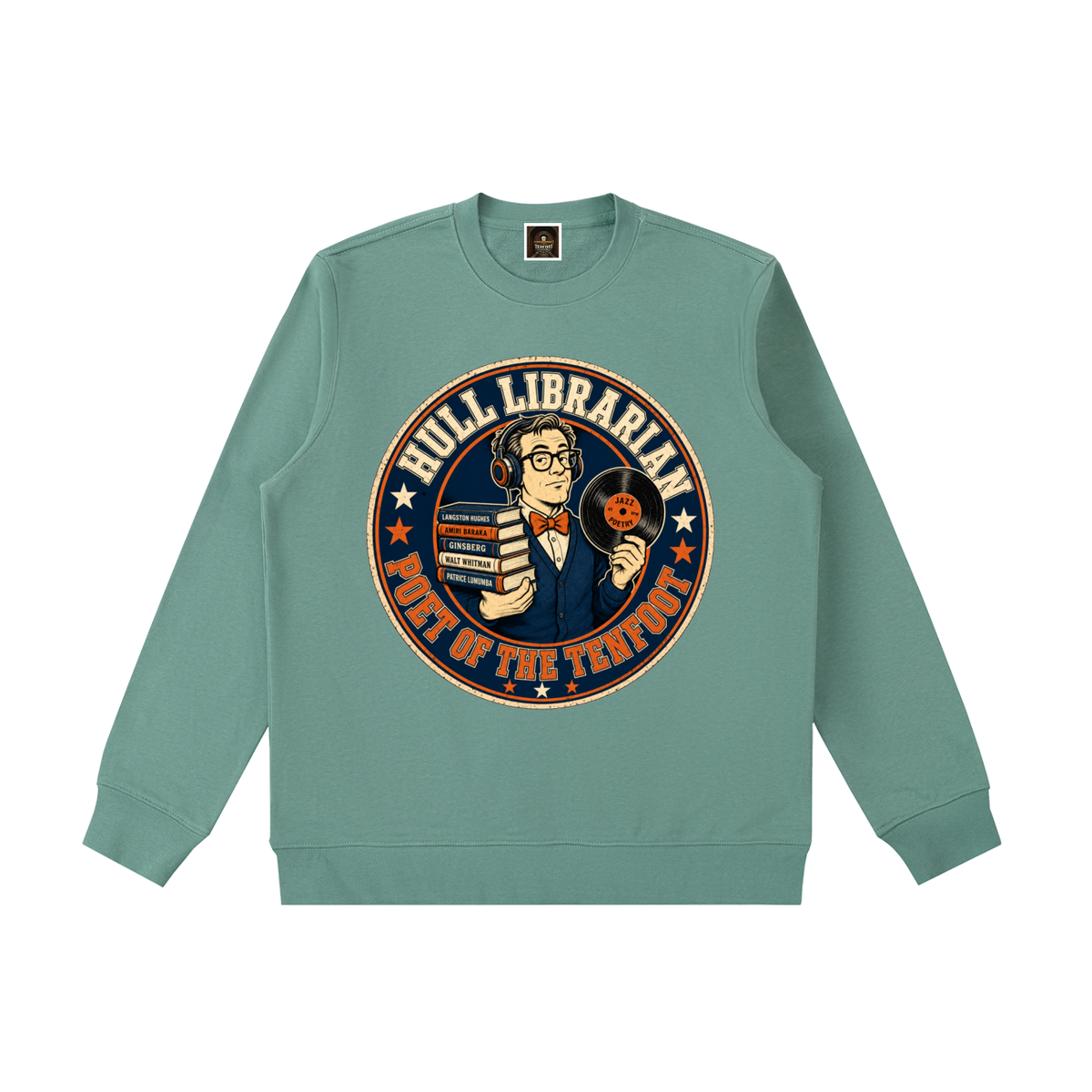 Mint green heavyweight crewneck sweatshirt with colorful round library logo graphic front