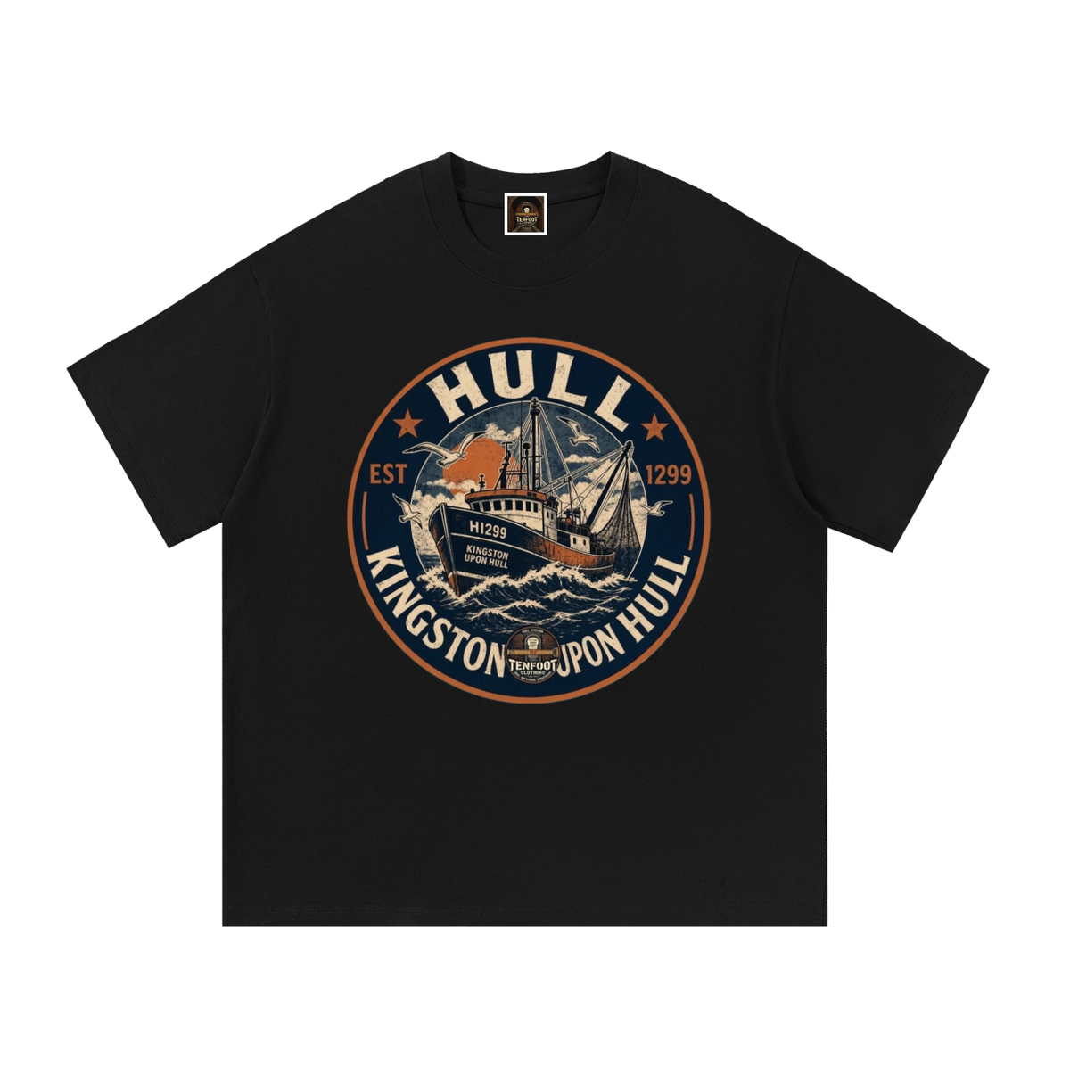 Black cotton T-shirt with circular Hull trawler graphic on chest
