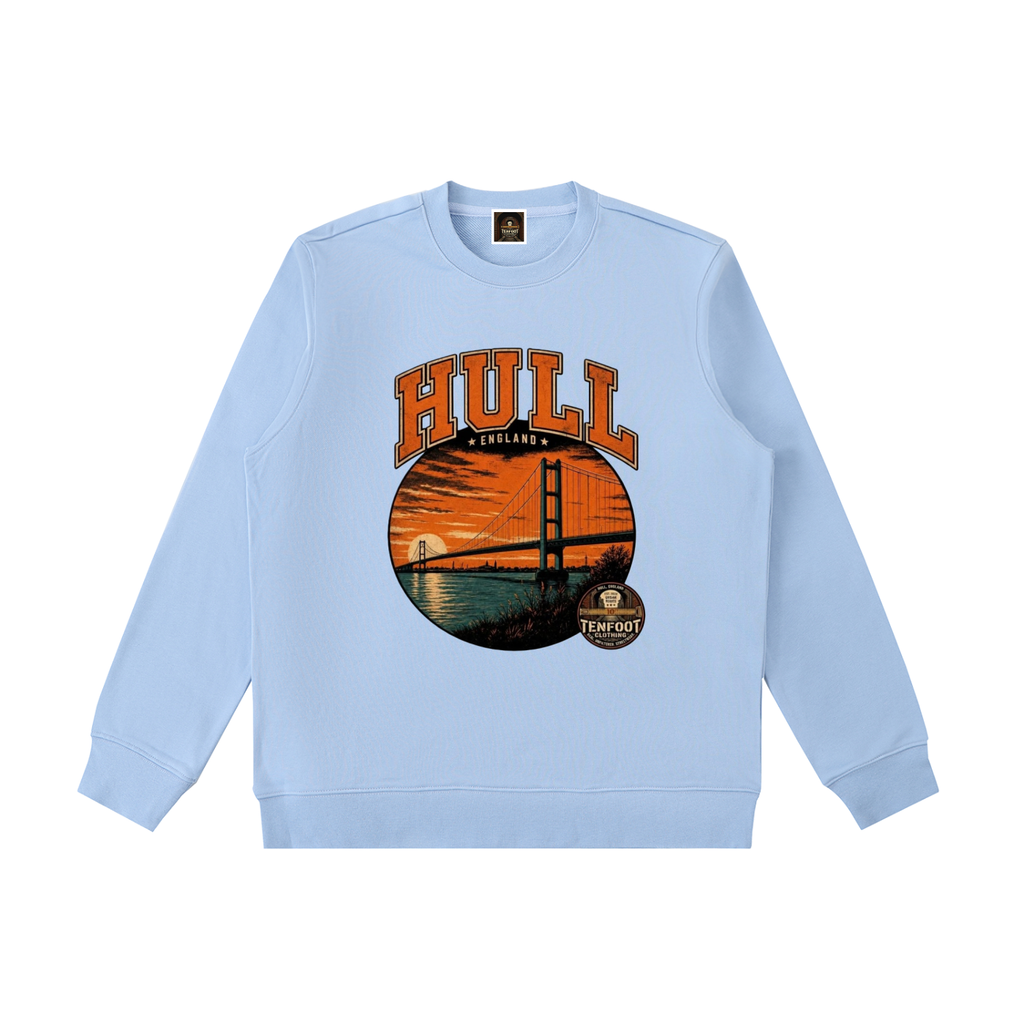 Sky blue heavyweight crewneck sweatshirt with HULL graphic on front