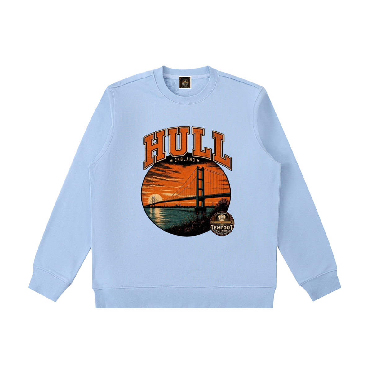 Sky blue heavyweight crewneck sweatshirt with HULL graphic on front