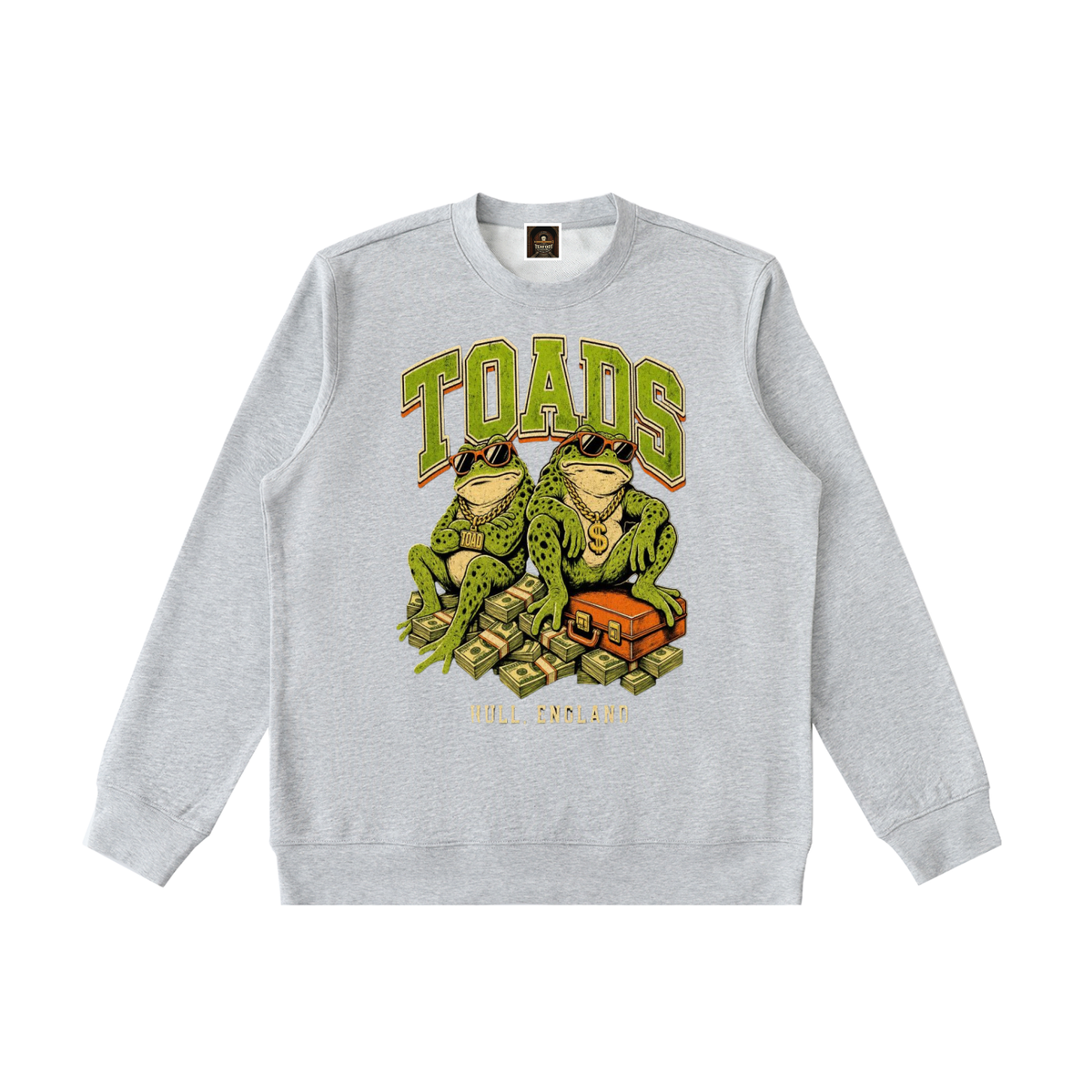 Light gray heavyweight crewneck sweatshirt with colorful TOADS graphic and Full England text