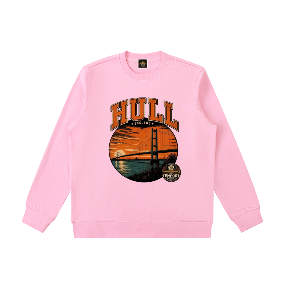 Pink heavyweight crewneck sweatshirt with HULL graphic on front