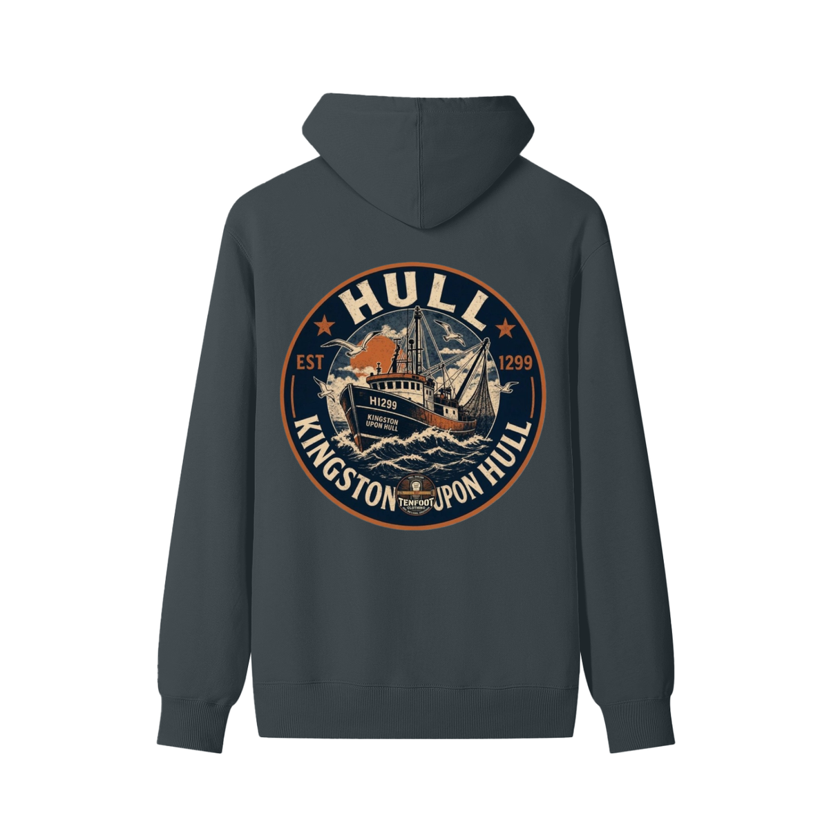 Unisex cotton hoodie with front kangaroo pocket, drawstring hood, circular back logo print.