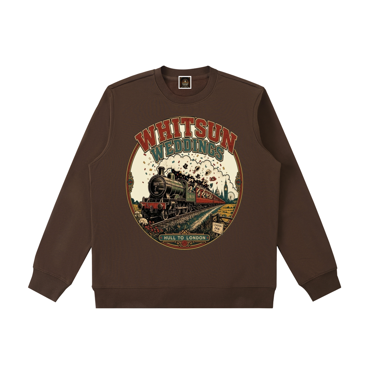 Coffee brown heavyweight crewneck sweatshirt with large vintage train graphic on front