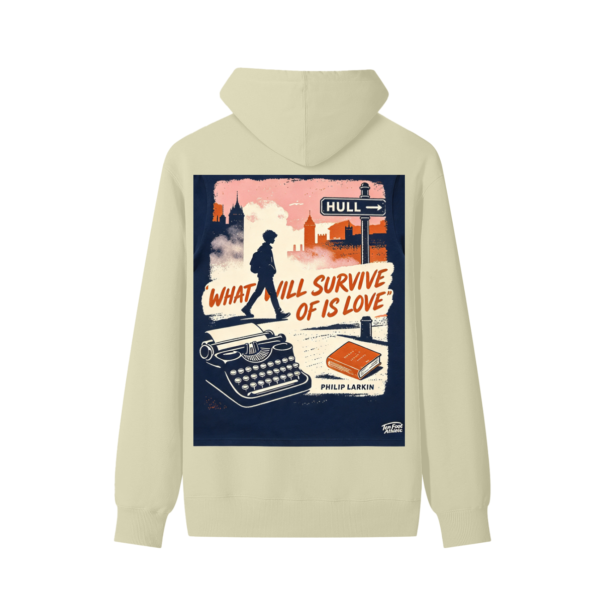 Unisex cotton hoodie in light green with front graphic print, hood and drawstring