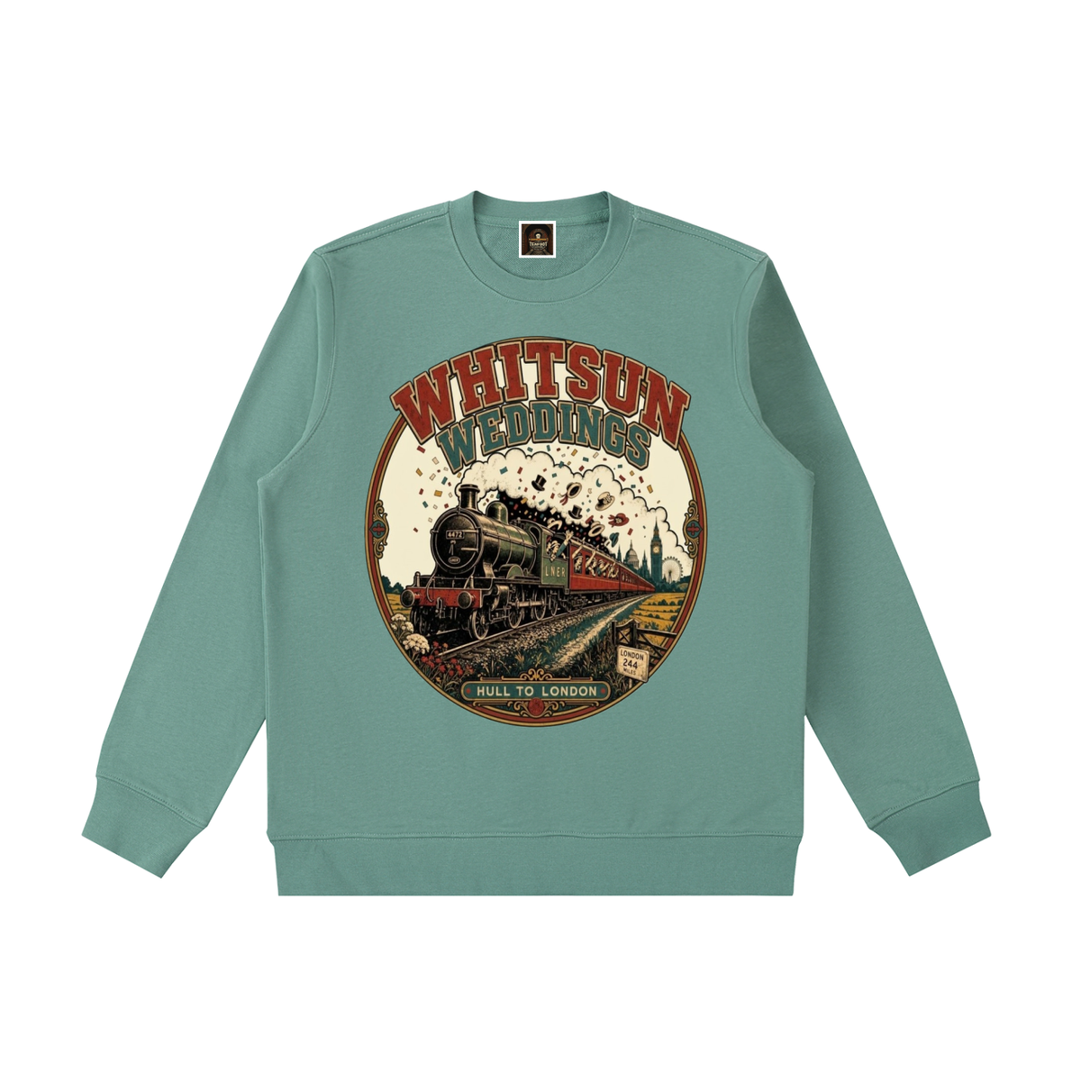 Light green heavyweight crewneck sweatshirt with large vintage train graphic on front