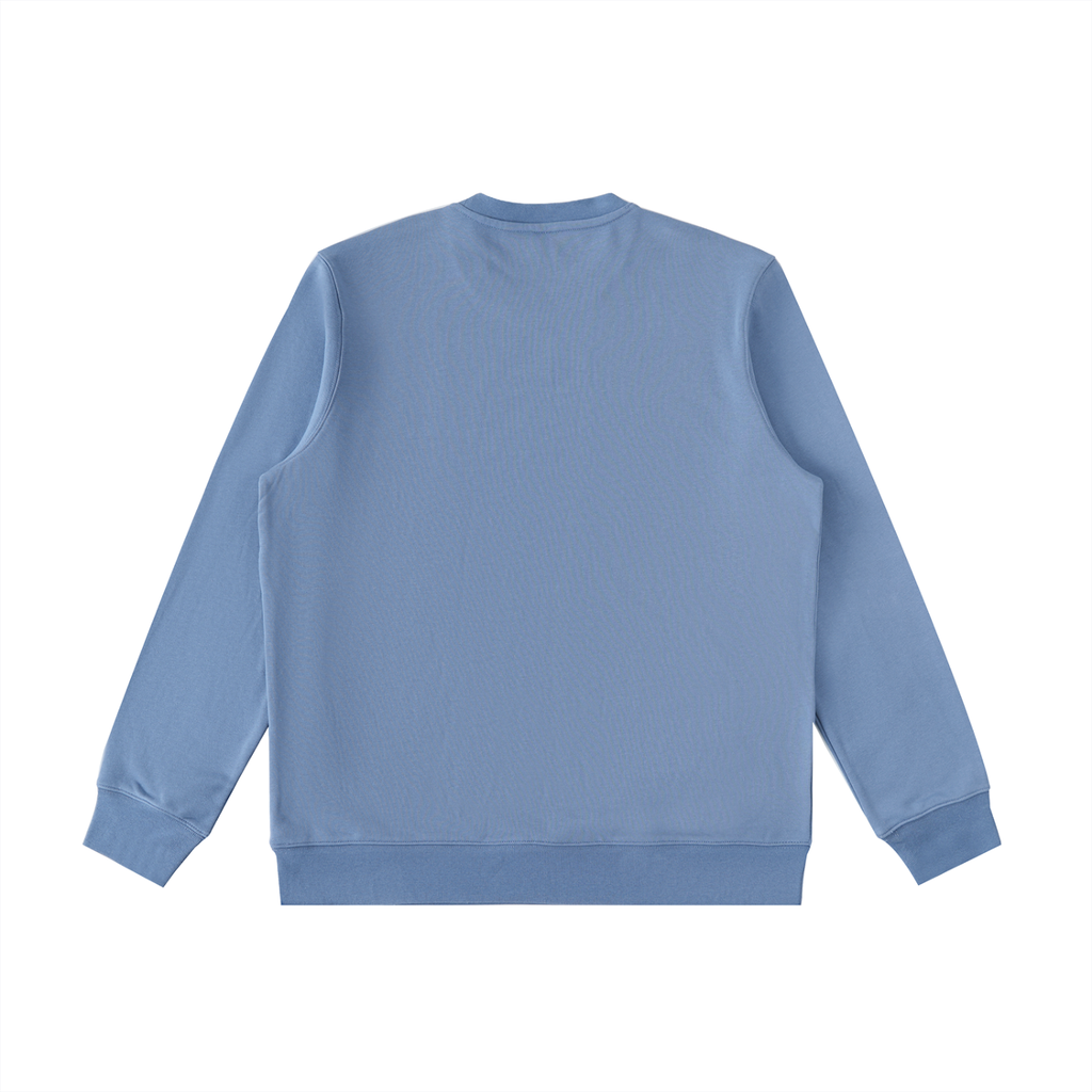 Light blue heavyweight crewneck sweatshirt, plain back view with ribbed cuffs