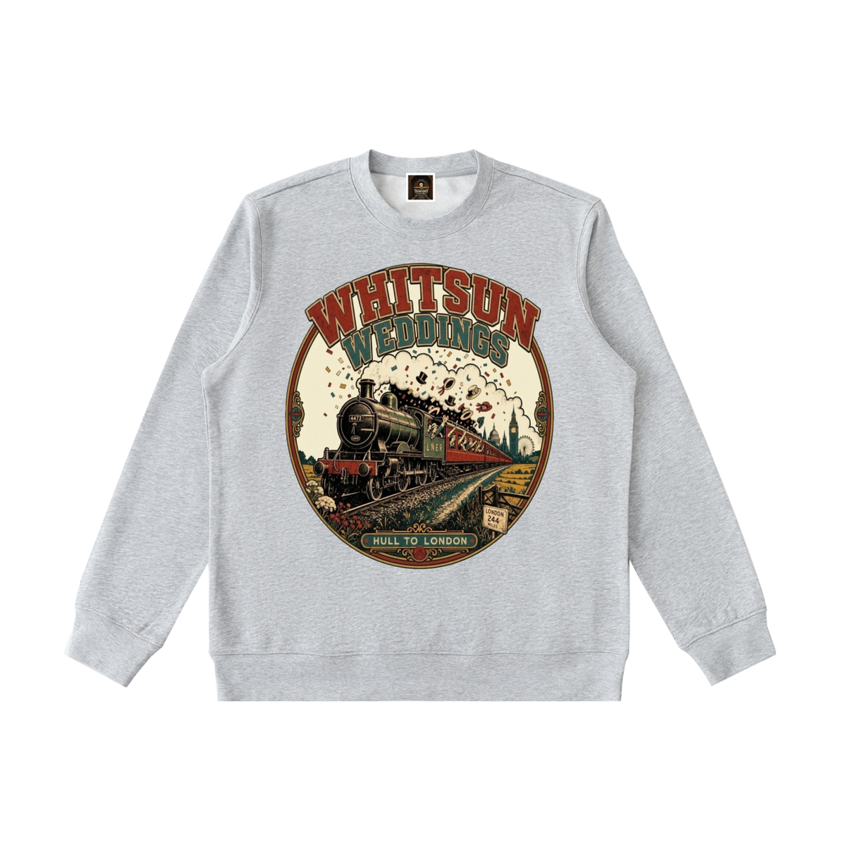 Medium gray crewneck sweatshirt with front vintage train graphic print, long sleeves