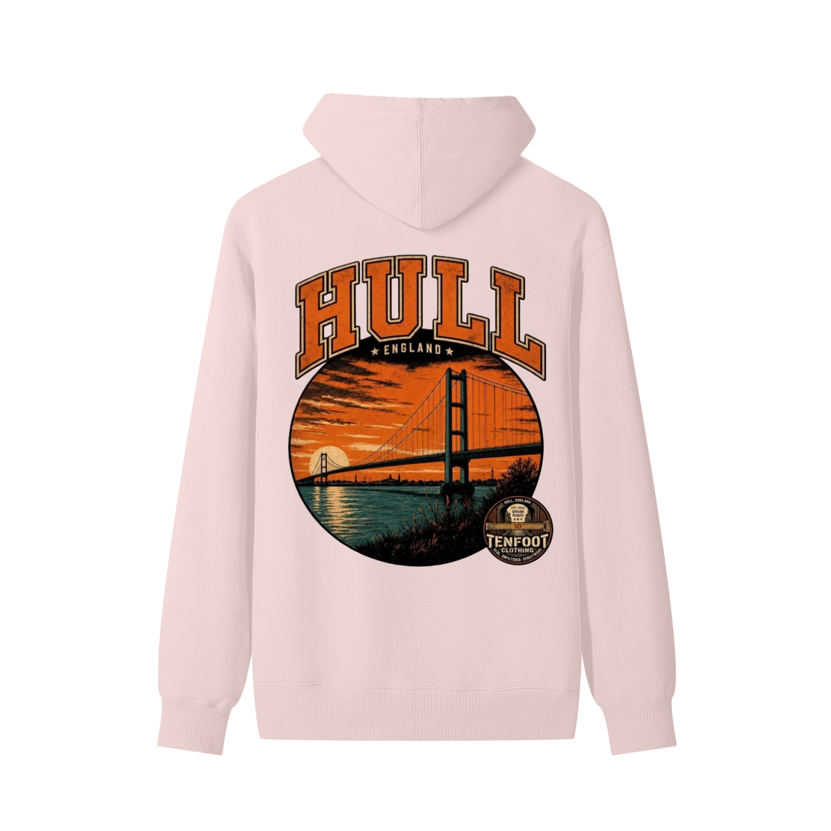 Light pink unisex cotton hoodie with large chest graphic, hood and drawstring, kangaroo pocket