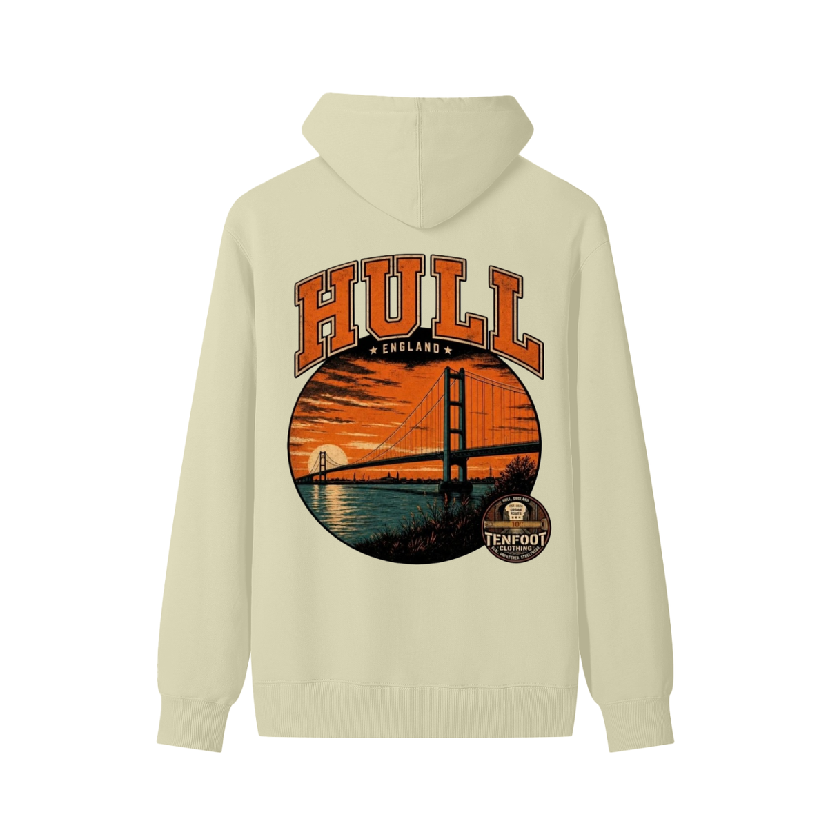 Light khaki unisex cotton hoodie with large HULL bridge logo on chest