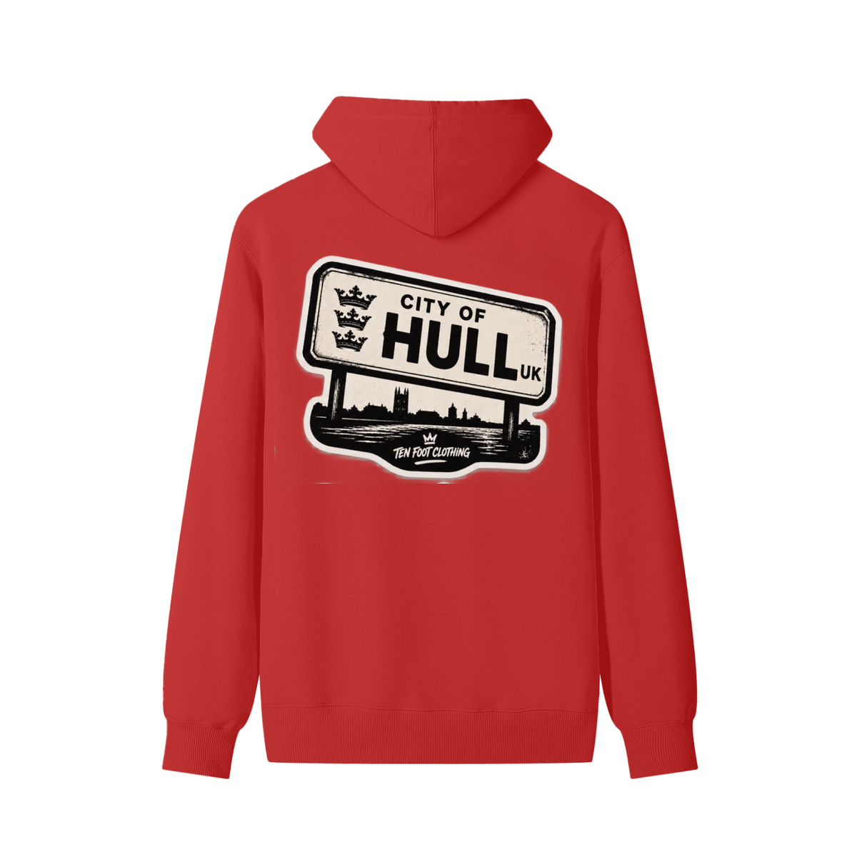 Red unisex cotton hoodie, back road sign graphic reading "CITY OF HULL"