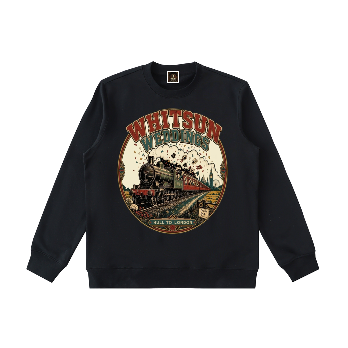 Dark crewneck sweatshirt with front vintage train graphic print, long sleeves, ribbed cuffs