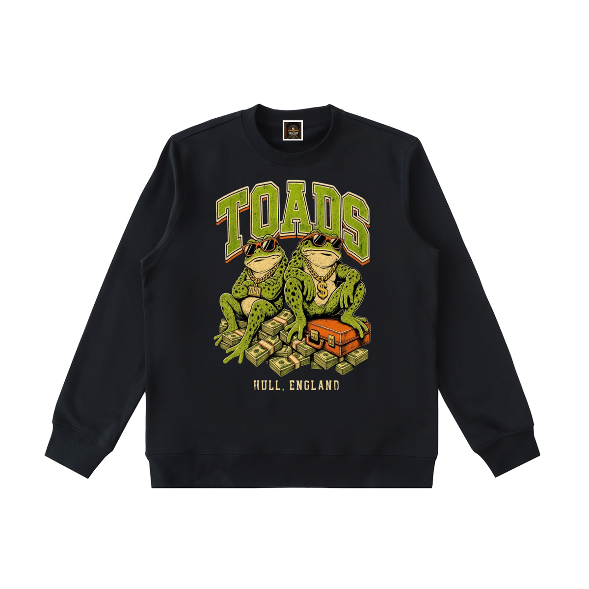 Black heavyweight crewneck sweatshirt with colorful TOADS graphic and Full England text