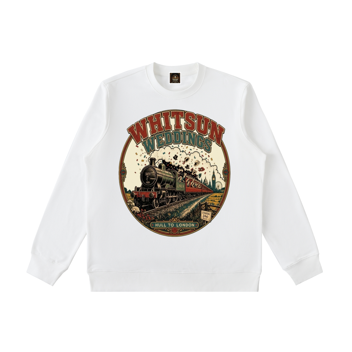 White crewneck sweatshirt with front vintage train graphic print, long sleeves, ribbed cuffs