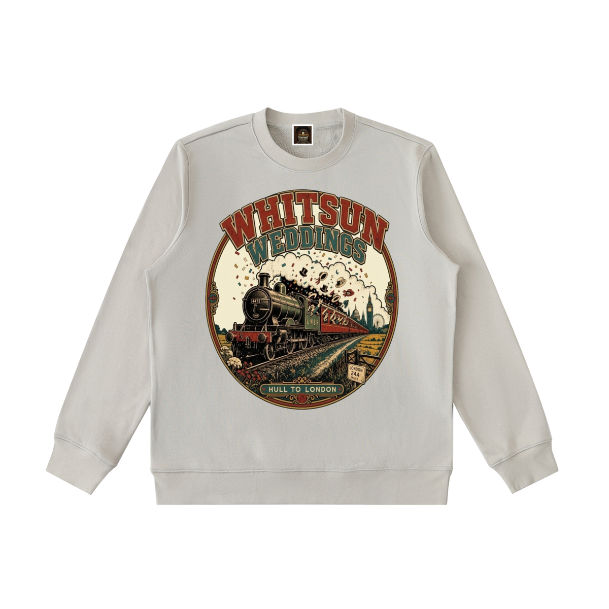 Light gray crewneck sweatshirt with front vintage train graphic print, long sleeves, ribbed cuffs