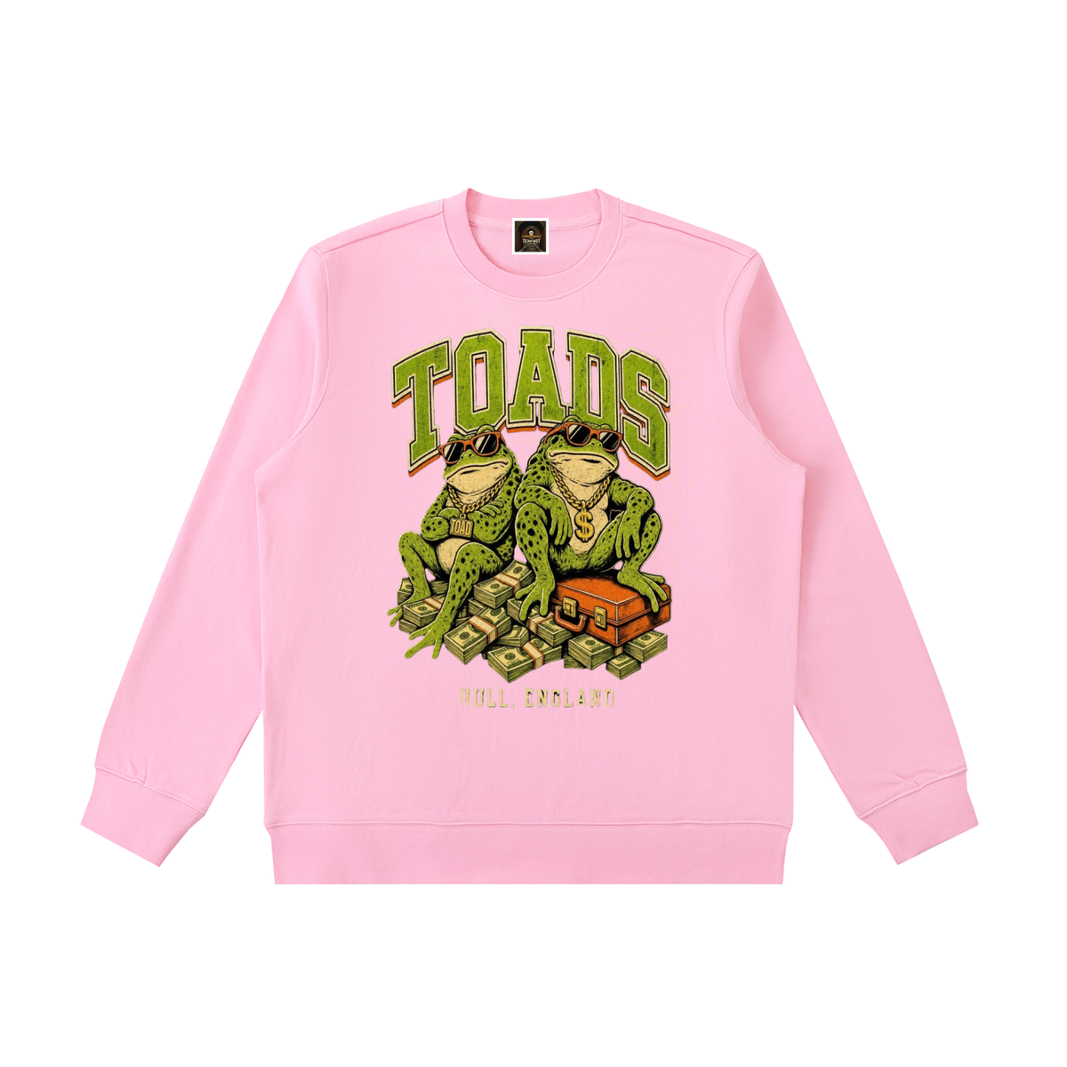 Pink heavyweight crewneck sweatshirt with colorful TOADS graphic on front