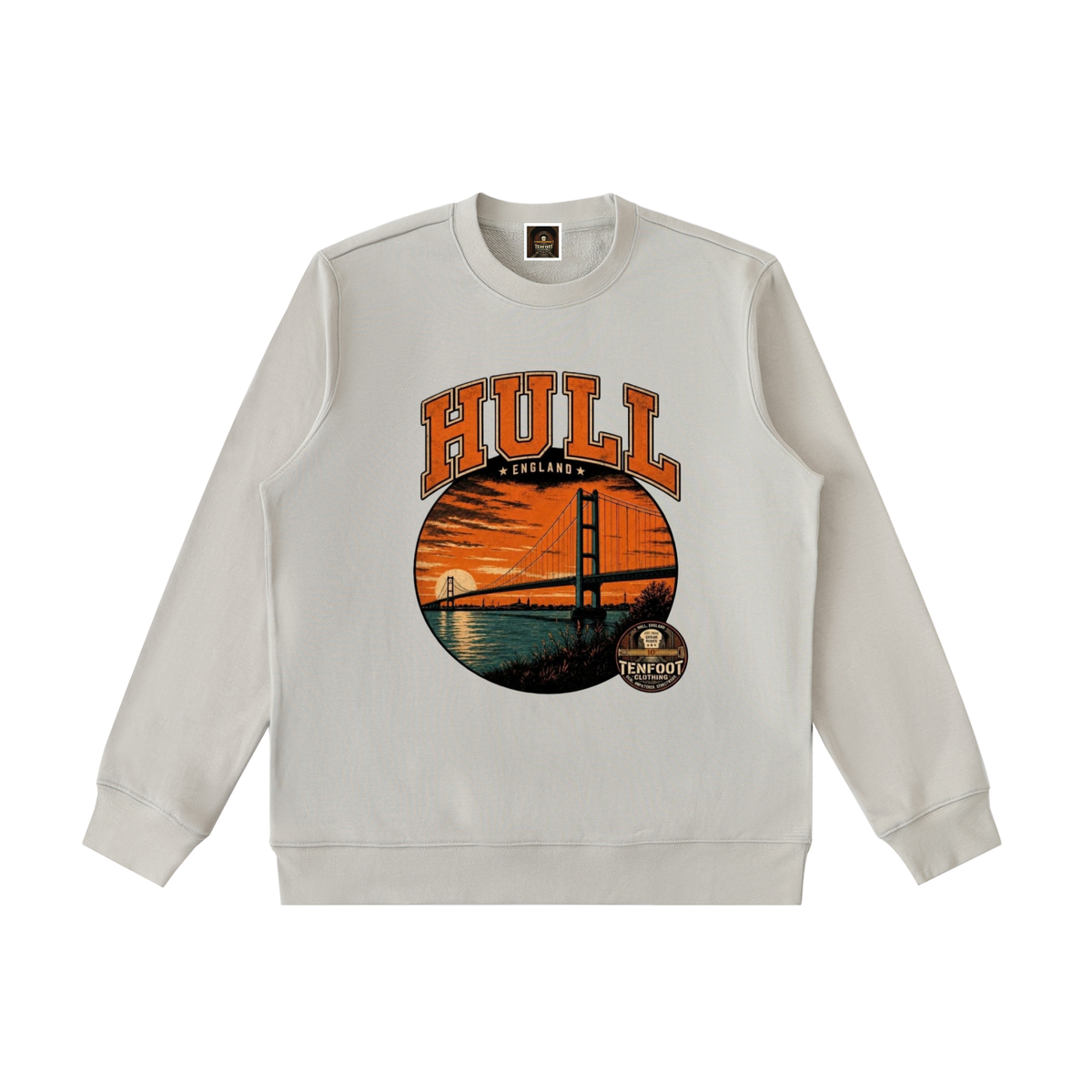 Heavyweight crewneck sweatshirt in light gray with circular Hull bridge graphic on chest